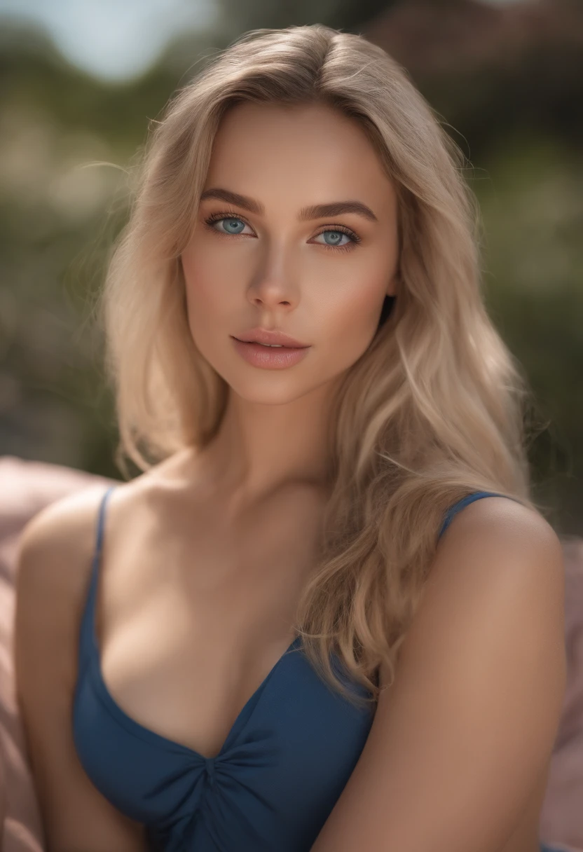 Arafed Full Woman, Sexy Girl with Blue Eyes,sitting in the beach with a pink bikini , Ultra Realistic, Meticulously Detailed, Portrait of Sophie Mudd, Blonde Hair and Big Eyes, Selfie of a Young Woman, Bedroom Eyes, Violet Myers, No Makeup, Natural Makeup, Looking Directly at the Camera, face artgram, subtle make-up, Impressive photo of the whole body kneeling on the bed, In the bedroom, Medium and large size chest, allowing the face to be seen clearly, portrait