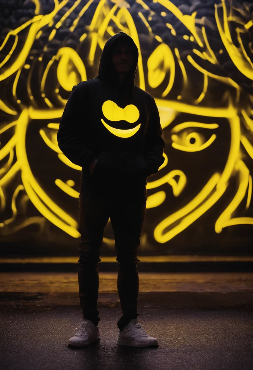 detailed background, masterpiece, best quality, smile, ornament, hoodie, portrait, yellow neon, graffiti, dark, night, glowing eyes, blacklight