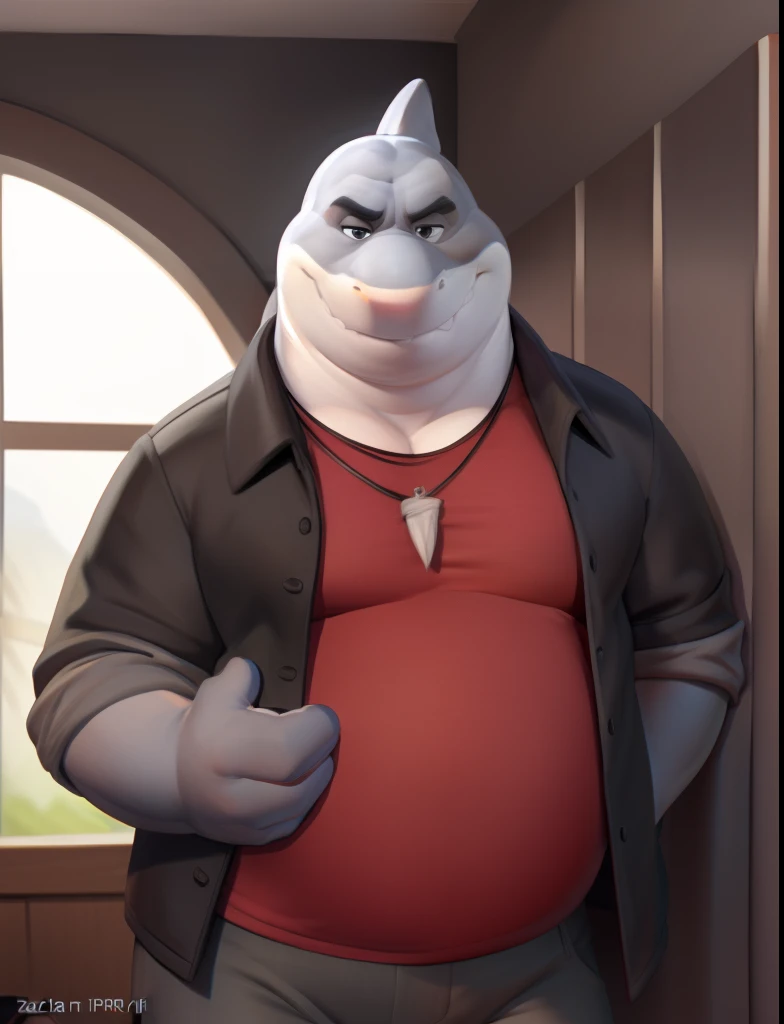 mr shark, plump, fat, belly, black eyes, (pose:1.3), (posing:1.3), (soft shading), 4k, hi res, five fingers, detailed hands, ((detailed face, (detailed eyes:1.0), detailed)), (full body), by zackarry911, by zaush, (by personalami:0.5),  looking at viewer, shirt, 1boy, jacket, male focus, open clothes, pants, red shirt, dog tags, grey pants, ((giant head, huge head, big head))