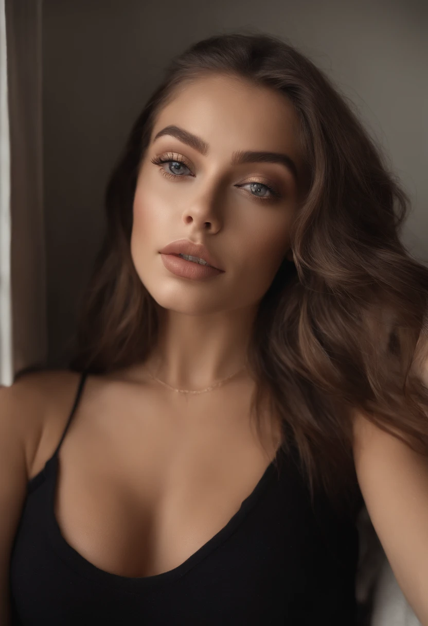 Arafed woman with black clothes, fille sexy aux yeux bruns, Portrait Sophie Mudd, cheveux bruns et grands yeux, selfie of a young woman, Yeux de chambre, Violet Myers, sans maquillage, maquillage naturel, looking straight at camera, Visage avec Artgram, Maquillage subtil, Superbe photo du corps entier, dans la chambre, clivage