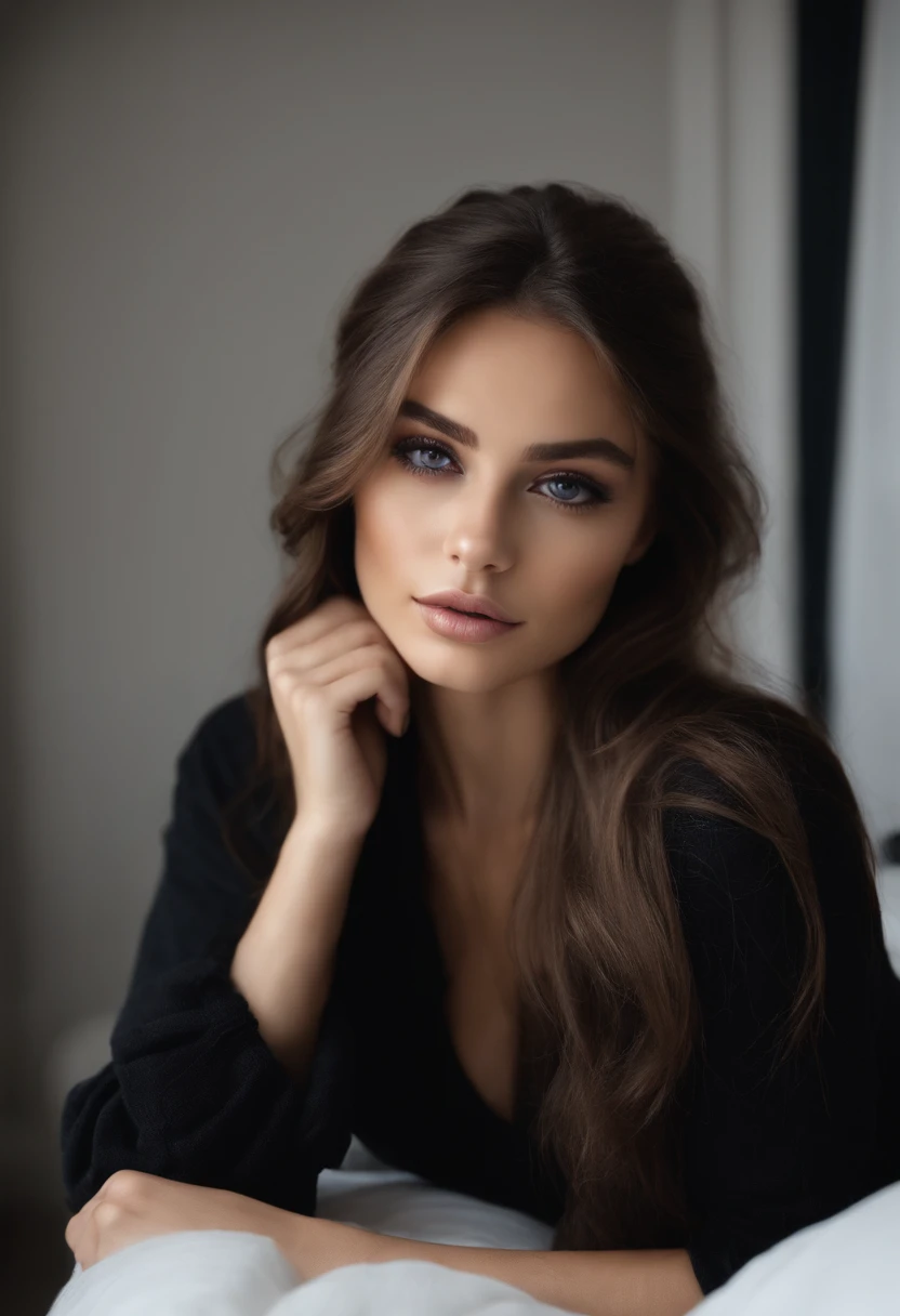 Arafed woman with black clothes, fille sexy aux yeux bruns, Portrait Sophie Mudd, cheveux bruns et grands yeux, selfie of a young woman, Yeux de chambre, Violet Myers, sans maquillage, maquillage naturel, looking straight at camera, Visage avec Artgram, Maquillage subtil, Superbe photo du corps entier, dans la chambre, clivage
