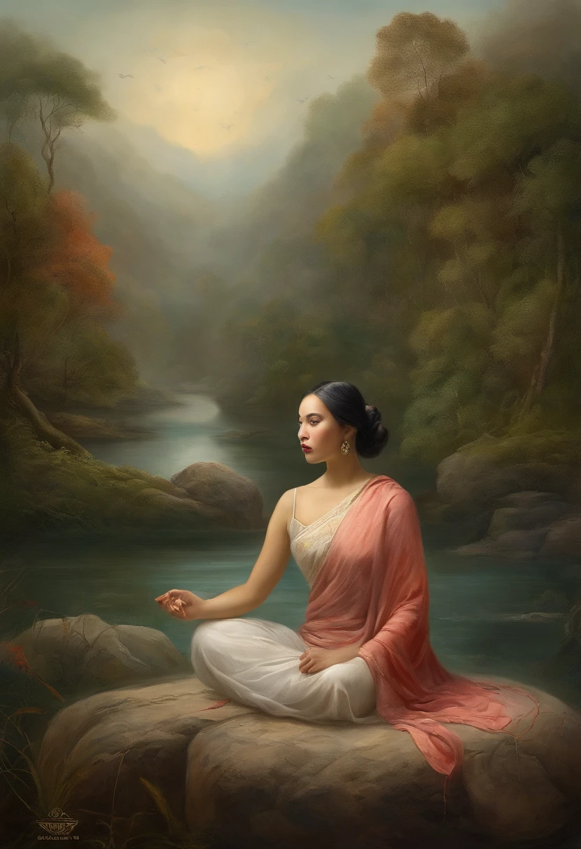 Asian Beautiful Woman、Sitting in a meditative position, In front of the beautiful Horizonte, When the sun goes down, In relation to God, Portrait photos, supervision: by Drew Tucker, supervision: Adam Marczyński, supervision: Alexander Kuchharsky, supervision: by Gavin Nolan, 8k surrealism, supervision: by Jason Felix, yuri shwedoff and tom bagshaw, illustrative art, Estilo Erik Johansson