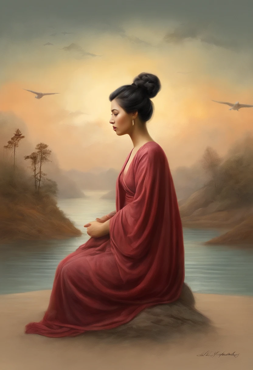Asian Beautiful Woman、Sitting in a meditative position, In front of the beautiful Horizonte, When the sun goes down, In relation to God, Portrait photos, supervision: by Drew Tucker, supervision: Adam Marczyński, supervision: Alexander Kuchharsky, supervision: by Gavin Nolan, 8k surrealism, supervision: by Jason Felix, yuri shwedoff and tom bagshaw, illustrative art, Estilo Erik Johansson