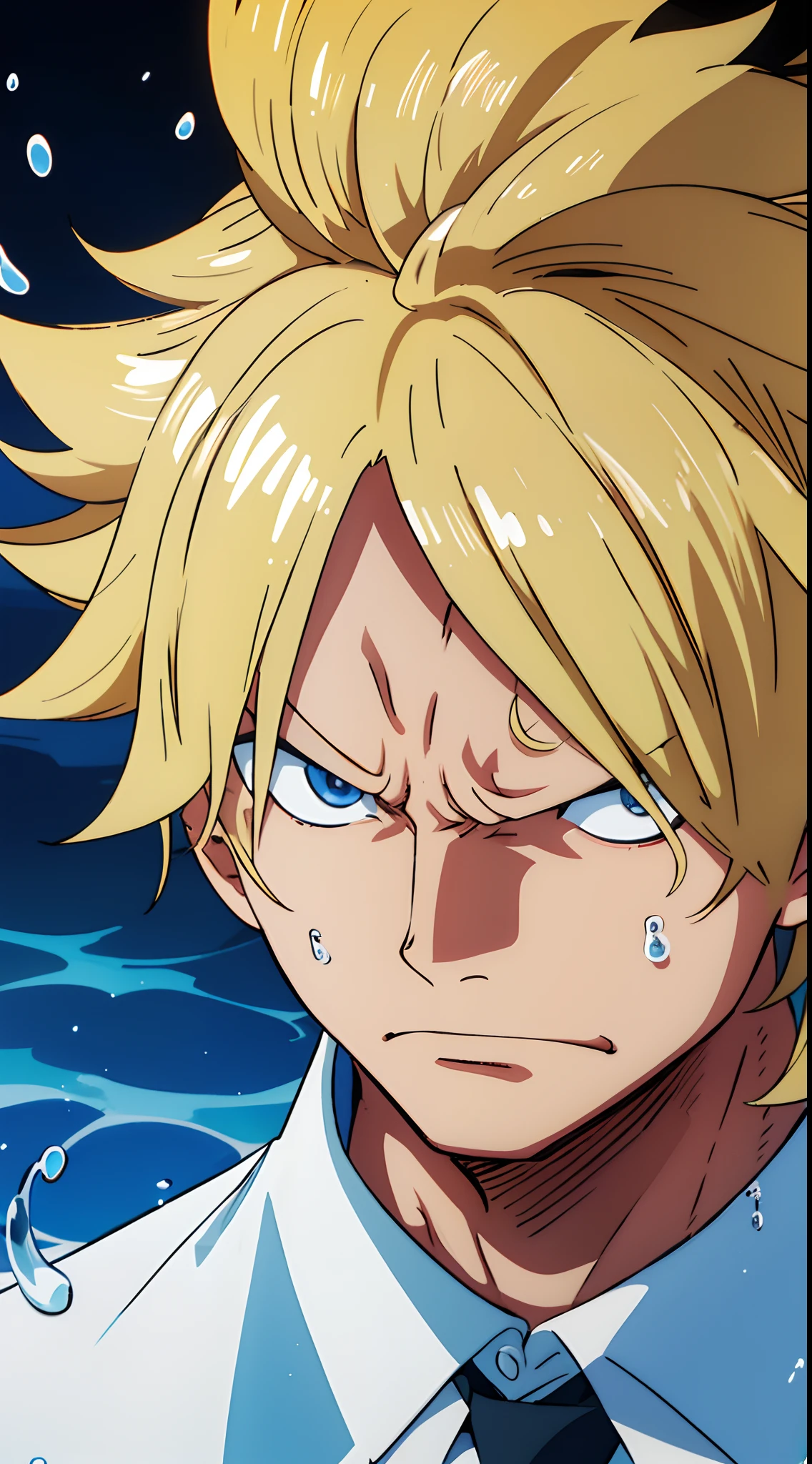 one guy, teen, with medium blond hairs, angry face, wearing white clothes, gills in his neck, water drops particles