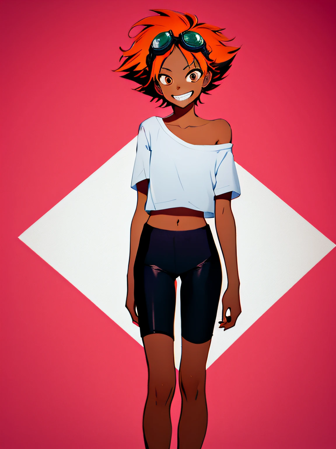 beautiful, masterpiece, simple background, best quality, Edward, tomboy, tan skin, orange hair, spiked hair, brown eyes, goggles on head, midriff, white shirt, loose shirt, off shoulder, barefoot, bike shorts, detailled image, colorfull, vibrant colors, simple background, detailed face, perfect lighting, pefect shadows, perfect eyes, perfect hands, perfect hair, pefect face, grin, solo, center focus, looking at viewer, navel, IvanFloro, standing with hands behind her back