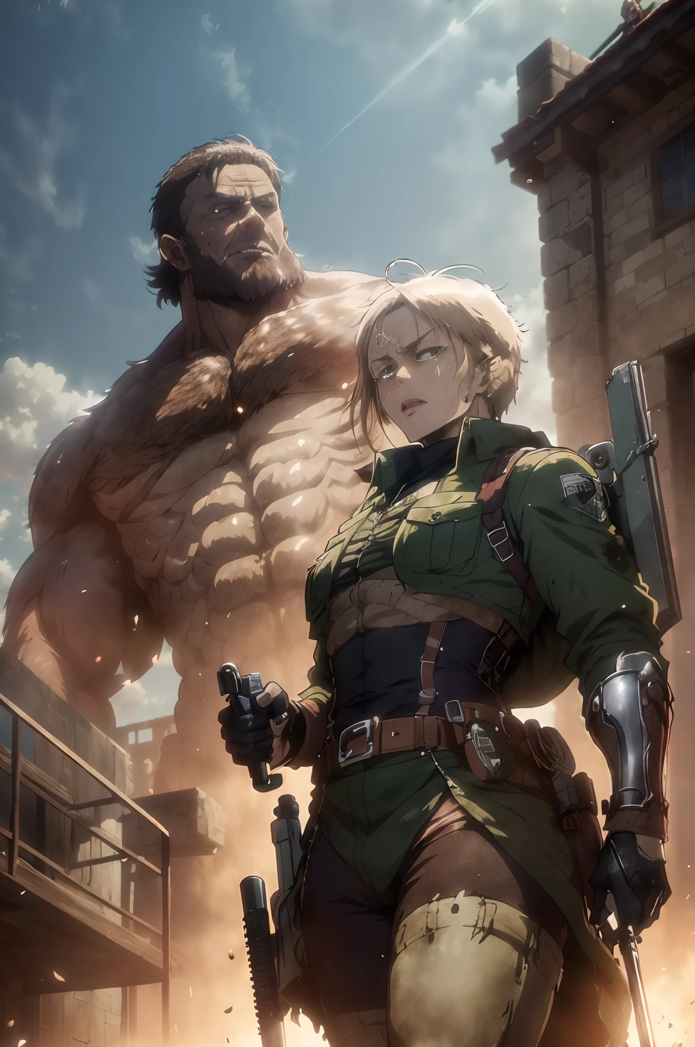 Shingeki no Kyojin, Kyojin and soldier (Kyojin: ugly, asymetric, muscular, distorted proportions, hair-covered chest, extremally large, seen from down, strong sense of three-dimensional), ( soldier: gipsy , flying, brown-green uniform, detailed eyes,round brests,  equipment can grant a skilled user tremendous mobility, it is a demanding art that requires strength, and skill, both of which must be honed through constant practice. Some tools involved in the apparatus include: Hand grips and Piston-shot), by Hayao Miyazaki or Chesley Bonestell,