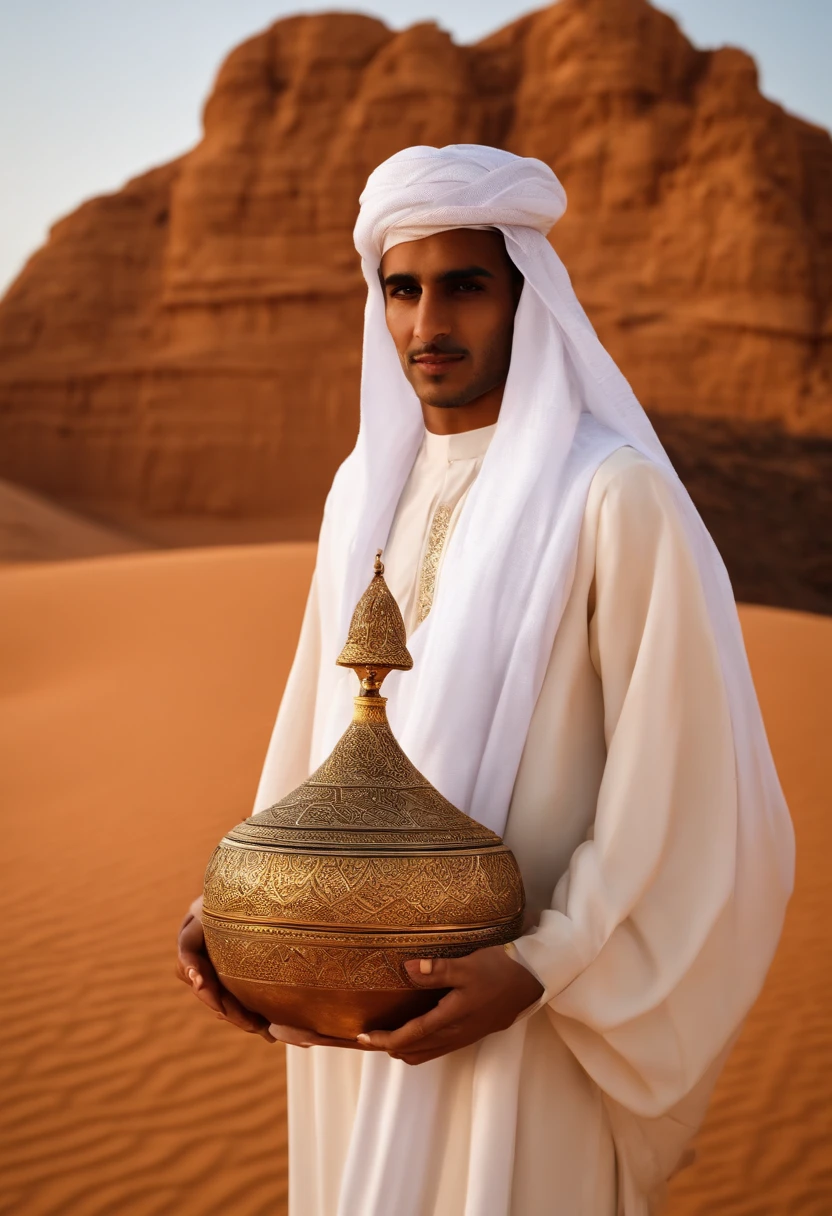 Saudi Arabia: Saudi Angel Wears Traditional Saudi Costume, Stands in the Nabatiyyeh city of AlUla, Carry a piece of frankincense, With wings in the shape of desert sand dunes.