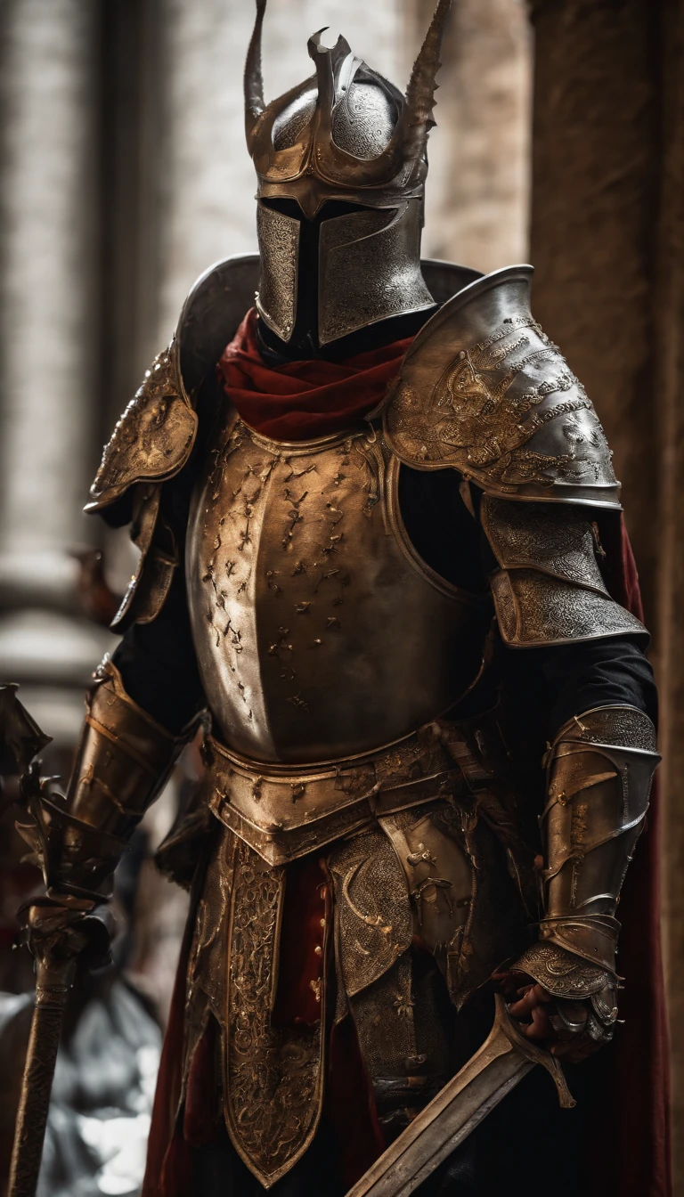 (Best quality,4K,8K,A high resolution,Masterpiece:1.2),Ultra-detailed,(Realistic,Photorealistic,photo-realistic:1.37),A sword-wielding demon armor warrior stood in the hall, Full body portrait of the mysterious knight, Wearing heavy armor，A sacred warrior wielding a legendary sword, Mythical warriors in full-body armor, A golden knight with divine armor, The helmet is decorated with the devil's horns, The eyes glow blood-red, Concept art for glorious figures, Crimson Armor Knight, Epic Paladin armor, Holy medieval knight, Kneel on one knee, Blades embedded in the earth, submission, Full body shot.