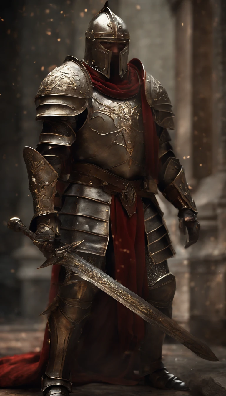 (Best quality,4K,8K,A high resolution,Masterpiece:1.2),Ultra-detailed,(Realistic,Photorealistic,photo-realistic:1.37),A sword-wielding demon armor warrior stood in the hall, Full body portrait of the mysterious knight, Wearing heavy armor,A sacred warrior wielding a legendary sword, Mythical warriors in full-body armor, A golden knight with divine armor, The helmet is decorated with the devil's horns, The eyes glow blood-red, Concept art for glorious figures, Crimson Armor Knight, Epic Paladin armor, Holy medieval knight, Kneel on one knee, Blades embedded in the earth, submission, Full body shot.