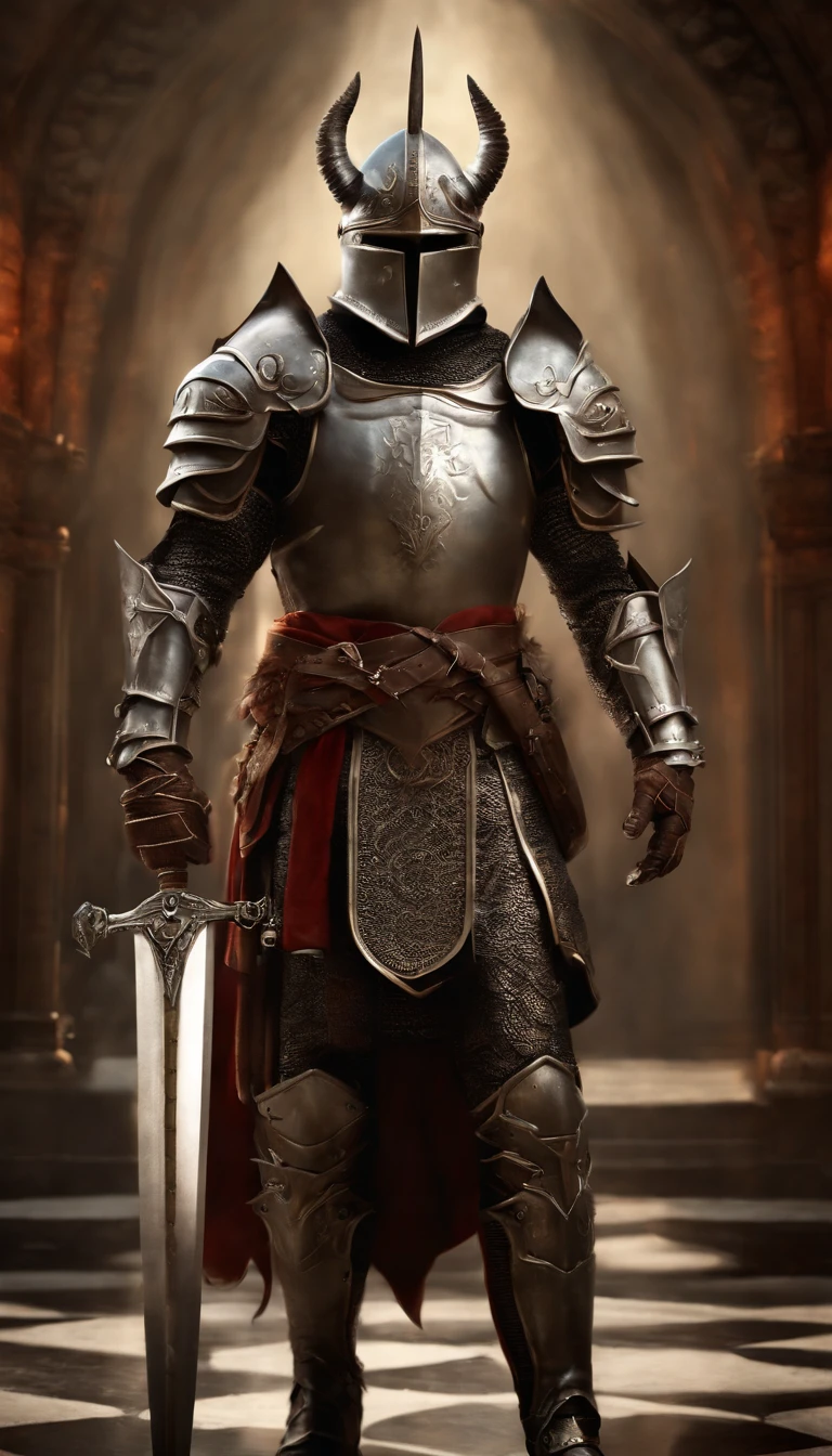 (Best quality,4K,8K,A high resolution,Masterpiece:1.2),Ultra-detailed,(Realistic,Photorealistic,photo-realistic:1.37),A sword-wielding demon armor warrior stood in the hall, Full body portrait of the mysterious knight, Wearing heavy armor,A sacred warrior wielding a legendary sword, Mythical warriors in full-body armor, A golden knight with divine armor, The helmet is decorated with the devil's horns, The eyes glow blood-red, Concept art for glorious figures, Crimson Armor Knight, Epic Paladin armor, Holy medieval knight, Kneel on one knee, Blades embedded in the earth, submission, Full body shot.