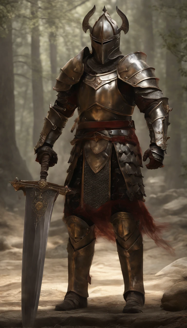 (Best quality,4K,8K,A high resolution,Masterpiece:1.2),Ultra-detailed,(Realistic,Photorealistic,photo-realistic:1.37),A sword-wielding demon armor warrior stood in the hall, Full body portrait of the mysterious knight, Wearing heavy armor,A sacred warrior wielding a legendary sword, Mythical warriors in full-body armor, A golden knight with divine armor, The helmet is decorated with the devil's horns, The eyes glow blood-red, Concept art for glorious figures, Crimson Armor Knight, Epic Paladin armor, Holy medieval knight, Kneel on one knee, Blades embedded in the earth, submission, Full body shot.
