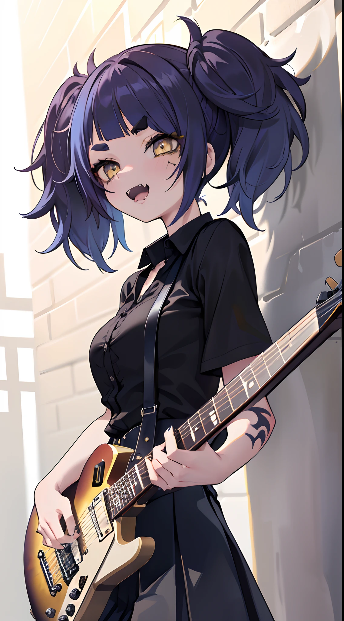 Snake woman with red and black skin patterns wearing emo clothes and a guitar playing on a stage