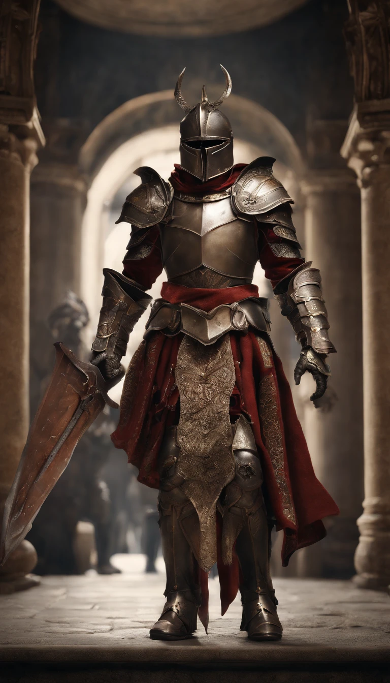 (Best quality,4K,8K,A high resolution,Masterpiece:1.2),Ultra-detailed,(Realistic,Photorealistic,photo-realistic:1.37),A sword-wielding demon armor warrior stood in the hall, Full body portrait of the mysterious knight, Wearing heavy armor，A sacred warrior wielding a legendary sword, Mythical warriors in full-body armor, A golden knight with divine armor, The helmet is decorated with the devil's horns, The eyes glow blood-red, Concept art for glorious figures, Crimson Armor Knight, Epic Paladin armor, Holy medieval knight, Kneel on one knee, Blades embedded in the earth, submission, Full body shot.