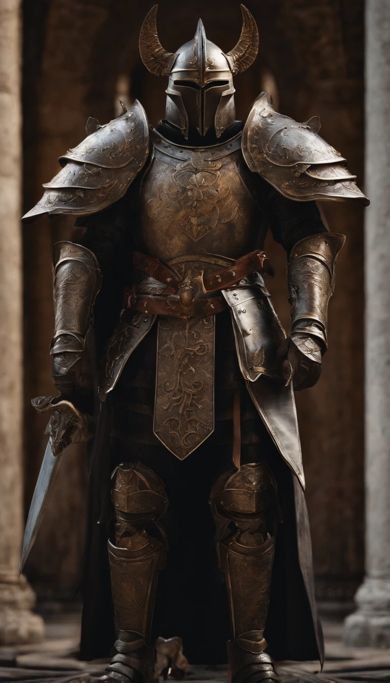 (Best quality,4K,8K,A high resolution,Masterpiece:1.2),Ultra-detailed,(Realistic,Photorealistic,photo-realistic:1.37),A sword-wielding demon armor warrior stood in the hall, Full body portrait of the mysterious knight, Wearing heavy armor,A sacred warrior wielding a legendary sword, Mythical warriors in full-body armor, A golden knight with divine armor, The helmet is decorated with the devil's horns, The eyes glow blood-red, Concept art for glorious figures, Crimson Armor Knight, Epic Paladin armor, Holy medieval knight, Kneel on one knee, Blades embedded in the earth, submission, Full body shot.