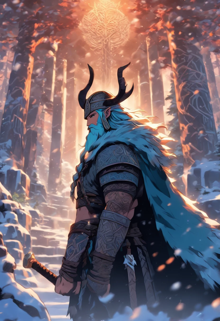 the best quality, very high resolution, detailed 4K CG, master piece, Baldur, Norse god, handsome man, rune tattoos, Viking, snow, tall trees, blue sky, Norse mythology, Viking rune tattoo, beautiful aesthetics, Beautiful image, Beautiful ancient ruins in the back