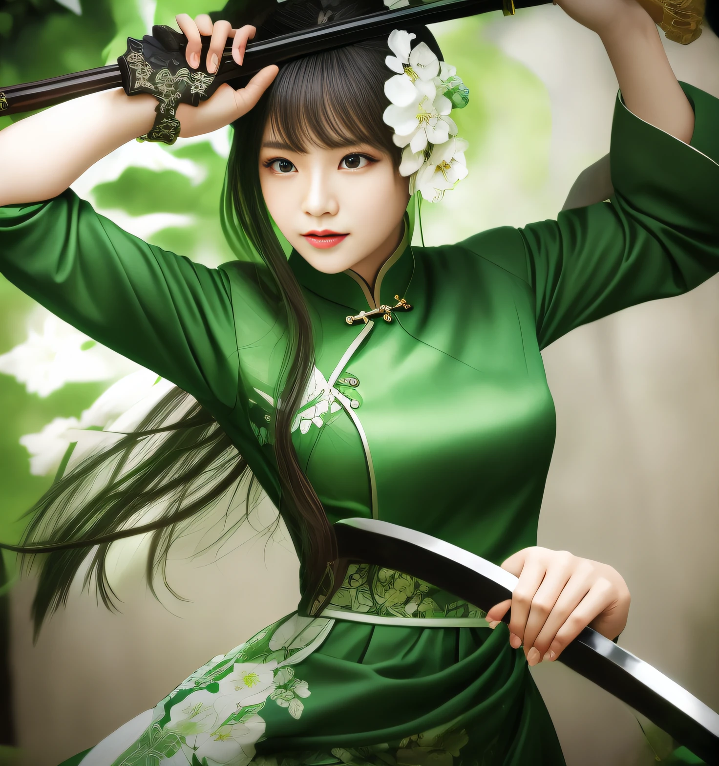 Woman in green cheongsam、Swinging a sword