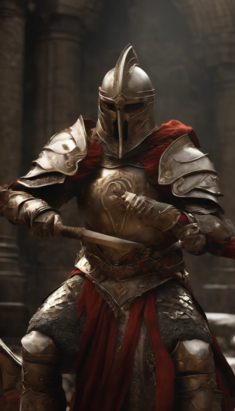(Best quality,4K,8K,A high resolution,Masterpiece:1.2),Ultra-detailed,(Realistic,Photorealistic,photo-realistic:1.37),A sword-wielding demon armor warrior stood in the hall, Full body portrait of the mysterious knight, Wearing heavy armor,A sacred warrior wielding a legendary sword, Mythical warriors in full-body armor, A golden knight with divine armor, The helmet is decorated with the devil's horns, The eyes glow blood-red, Concept art for glorious figures, Crimson Armor Knight, Epic Paladin armor, Holy medieval knight, Kneel on one knee, Blades embedded in the earth, submission, Full body shot.