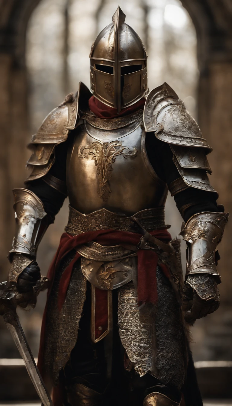 (Best quality,4K,8K,A high resolution,Masterpiece:1.2),Ultra-detailed,(Realistic,Photorealistic,photo-realistic:1.37),A sword-wielding demon armor warrior stood in the hall, Full body portrait of the mysterious knight, Wearing heavy armor,A sacred warrior wielding a legendary sword, Mythical warriors in full-body armor, A golden knight with divine armor, The helmet is decorated with the devil's horns, The eyes glow blood-red, Concept art for glorious figures, Crimson Armor Knight, Epic Paladin armor, Holy medieval knight, Kneel on one knee, Blades embedded in the earth, submission, Full body shot.
