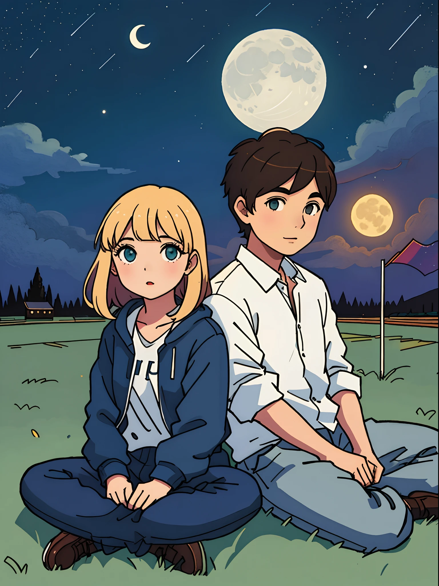 girl and a boy sitting on a field at night, with the moon in the background.
