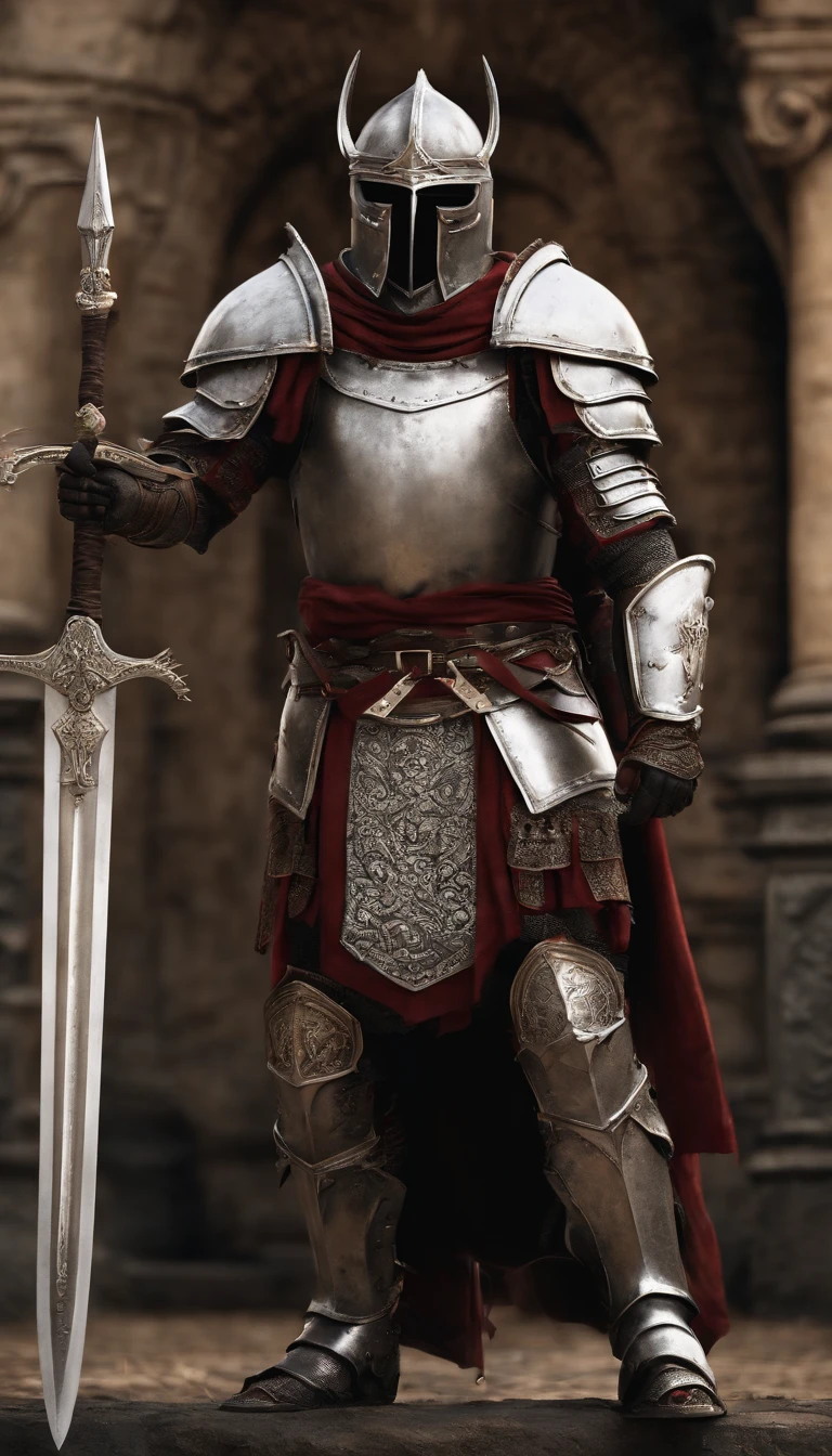 (Best quality,4K,8K,A high resolution,Masterpiece:1.2),Ultra-detailed,(Realistic,Photorealistic,photo-realistic:1.37),A sword-wielding demon armor warrior stood in the hall, Full body portrait of the mysterious knight, Wearing heavy armor,A sacred warrior wielding a legendary sword, Mythical warriors in full-body armor, A golden knight with divine armor, The helmet is decorated with the devil's horns, The eyes glow blood-red, Concept art for glorious figures, Crimson Armor Knight, Epic Paladin armor, Holy medieval knight, Kneel on one knee, Blades embedded in the earth, submission, Full body shot.