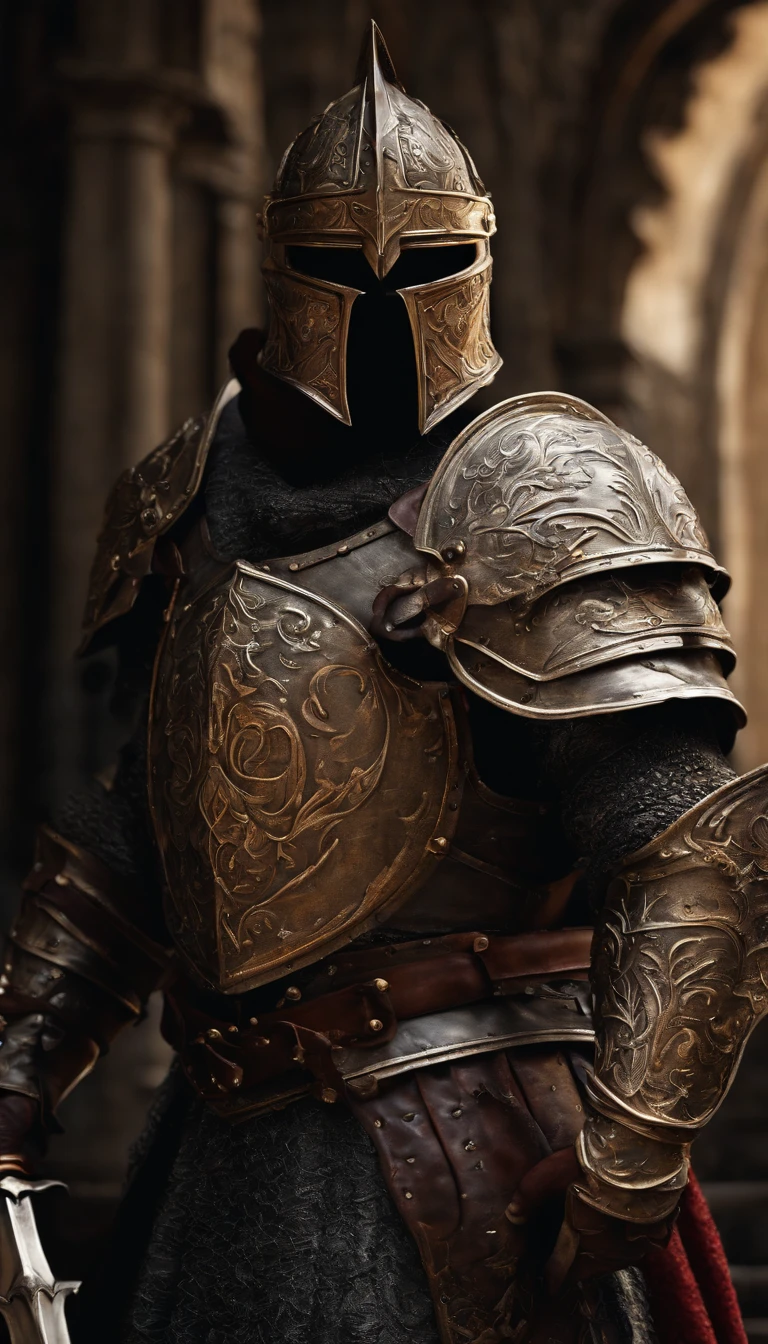 (Best quality,4K,8K,A high resolution,Masterpiece:1.2),Ultra-detailed,(Realistic,Photorealistic,photo-realistic:1.37),A sword-wielding demon armor warrior stood in the hall, Full body portrait of the mysterious knight, Wearing heavy armor,A sacred warrior wielding a legendary sword, Mythical warriors in full-body armor, A golden knight with divine armor, The helmet is decorated with the devil's horns, The eyes glow blood-red, Concept art for glorious figures, Crimson Armor Knight, Epic Paladin armor, Holy medieval knight, Kneel on one knee, Blades embedded in the earth, submission, Full body shot.