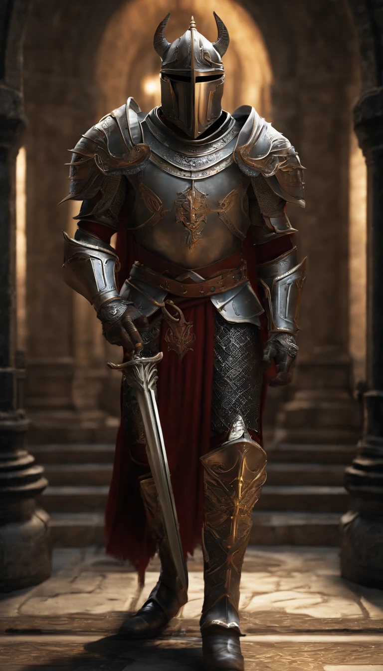 (Best quality,4K,8K,A high resolution,Masterpiece:1.2),Ultra-detailed,(Realistic,Photorealistic,photo-realistic:1.37),A sword-wielding demon armor warrior stood in the hall, Full body portrait of the mysterious knight, Wearing heavy armor，A sacred warrior wielding a legendary sword, Mythical warriors in full-body armor, A golden knight with divine armor, The helmet is decorated with the devil's horns, The eyes glow blood-red, Concept art for glorious figures, Crimson Armor Knight, Epic Paladin armor, Holy medieval knight, Kneel on one knee, Blades embedded in the earth, submission, Full body shot.