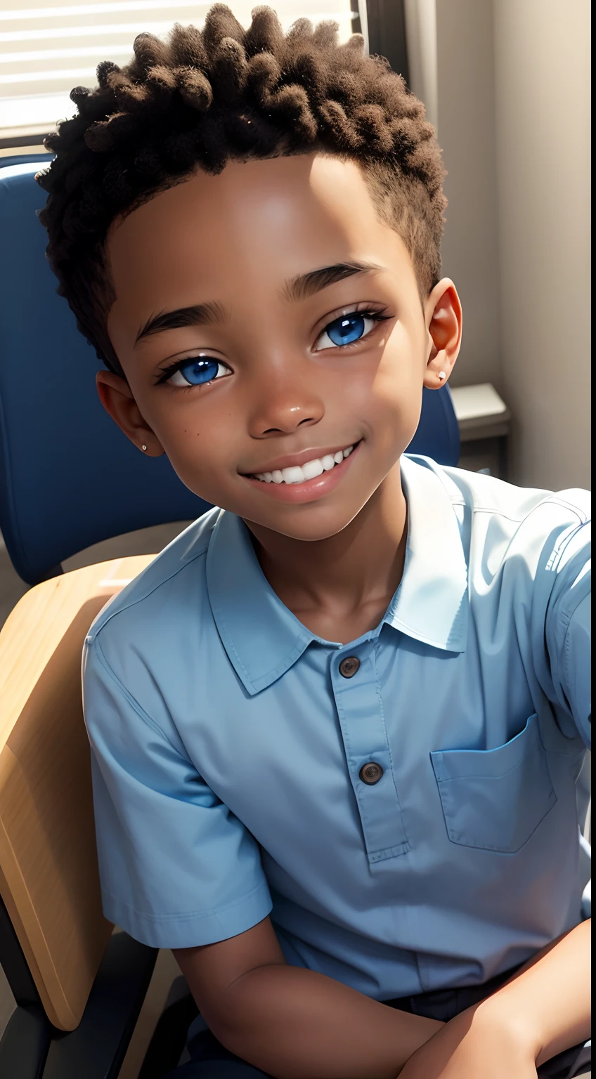 africano, bright blue eyes and cute smile on a chair in an office facing the camera, realista, alta qualidade, outras cores de roupa