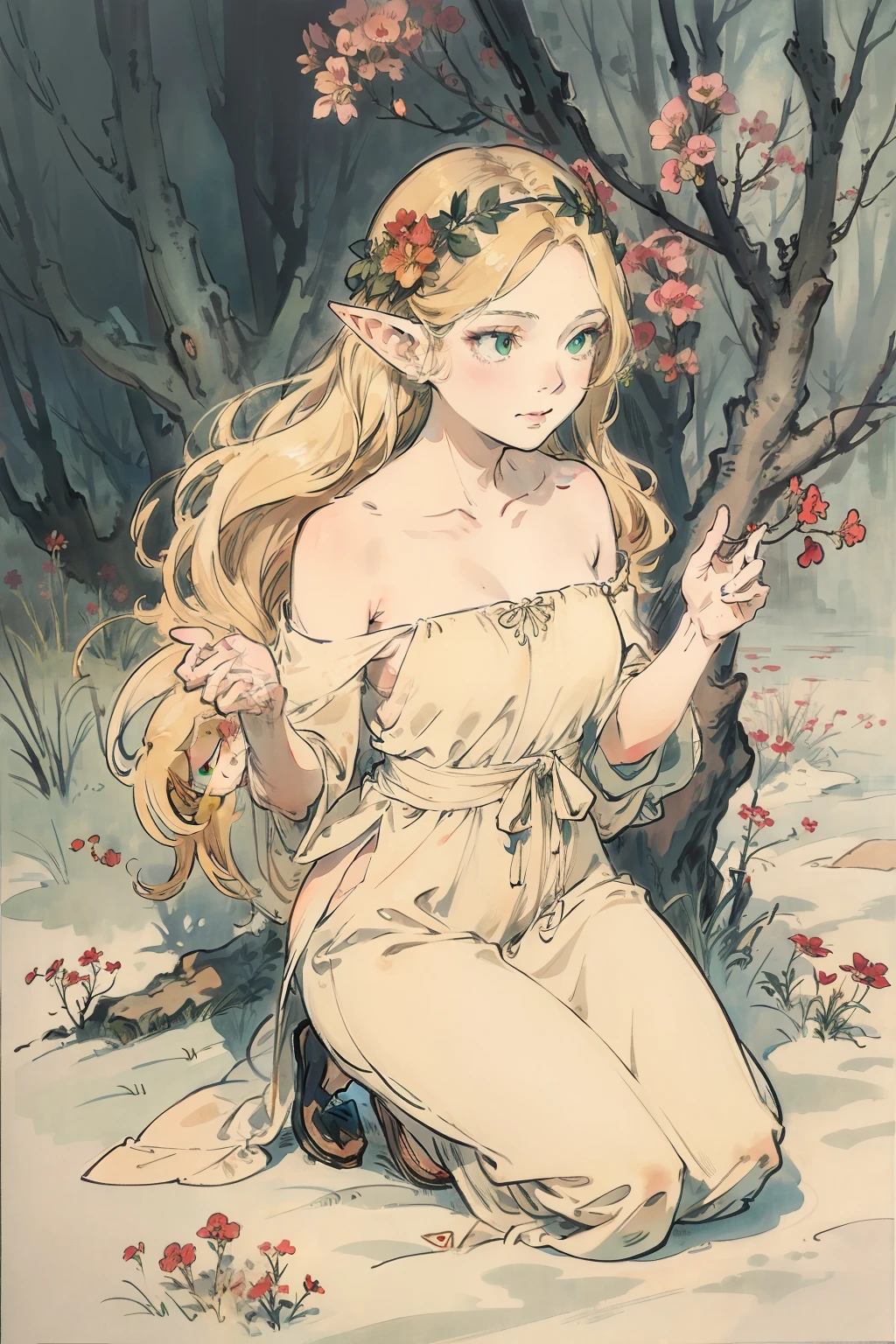 SFW,masutepiece, Best Quality, High resolution, 1girl in, Full body, Description Girls, detail hands, Detail fingers, Detail Face, detail legs, 1girl in, elf, Looking down, Flower Garden, Black sky, smog, watercolor paiting, pale skin, Petite, Blonde hair, Long hair, Wavy Hair, saddened, mournful smile, Green eyes, tareme, medium breasts, white sundress, Bare back, Kneeling, tree planting