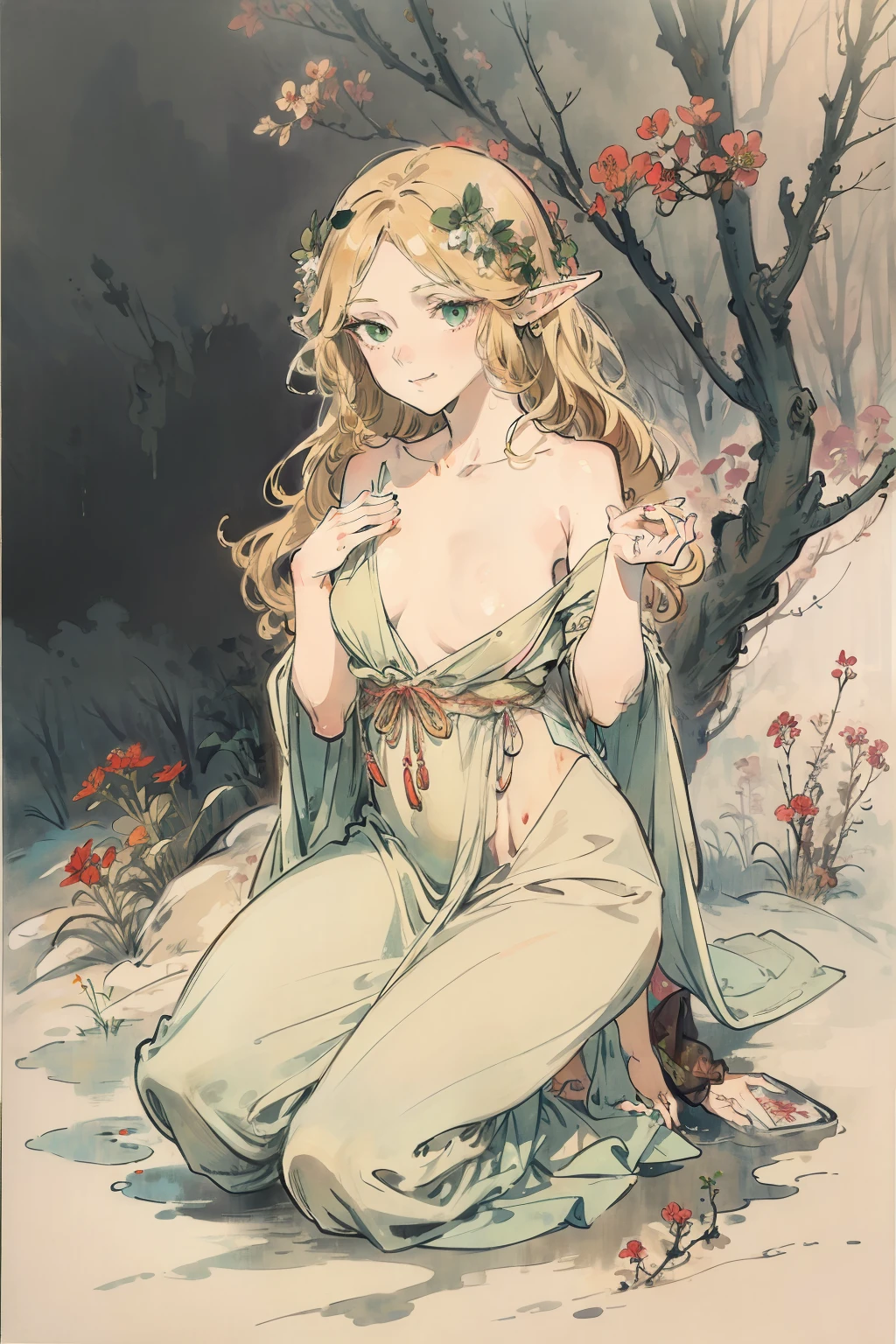 SFW,masutepiece, Best Quality, High resolution, 1girl in, Full body, Description Girls, detail hands, Detail fingers, Detail Face, detail legs, 1girl in, elf, Looking down, Flower Garden, Black sky, smog, watercolor paiting, pale skin, Petite, Blonde hair, Long hair, Wavy Hair, saddened, mournful smile, Green eyes, tareme, medium breasts, white sundress, Bare back, Kneeling, tree planting