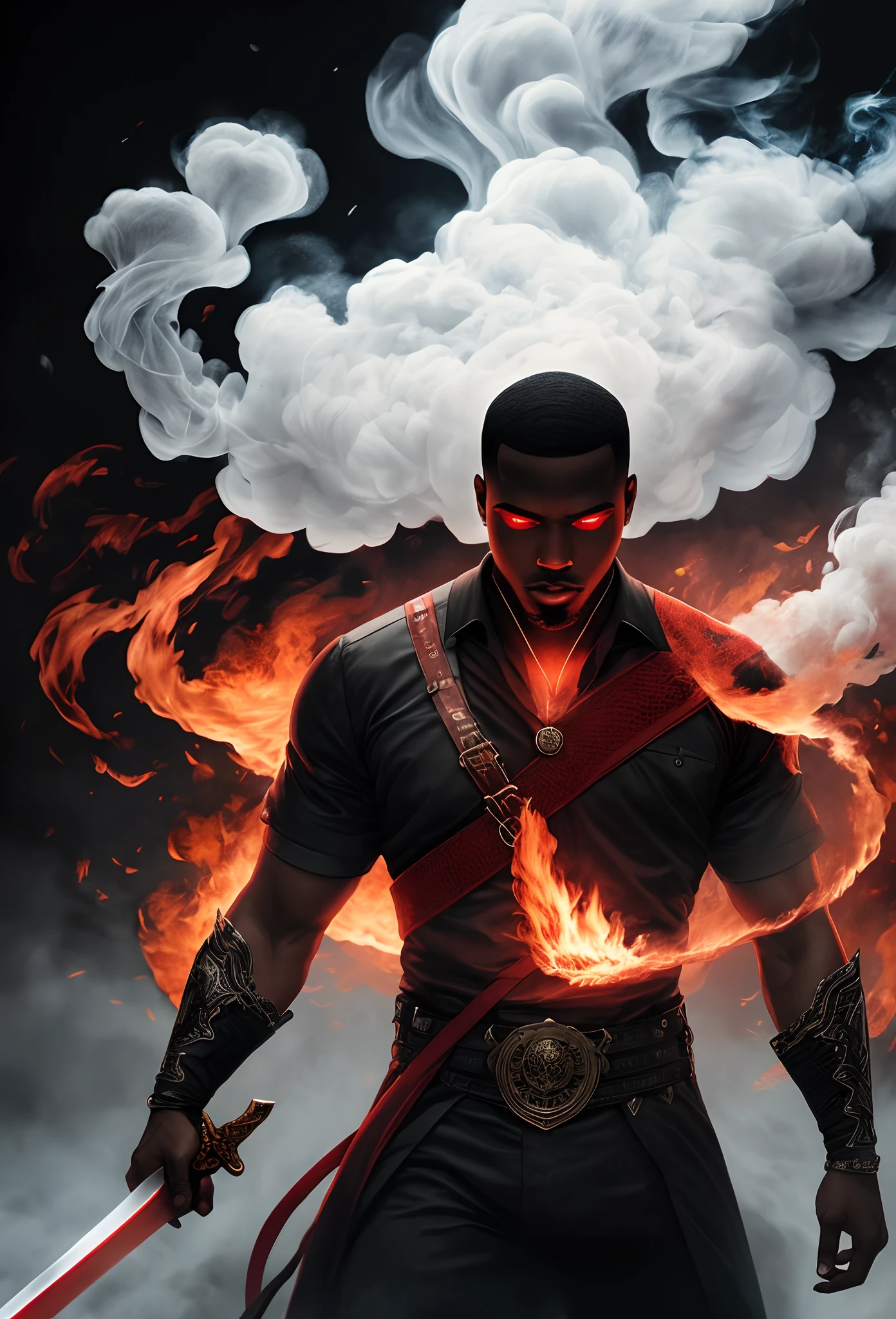 A dark and dark drawing of a black man with a sword coming out of black fire and red smoke and the man we don't see his face but we see his glowing red eyes.