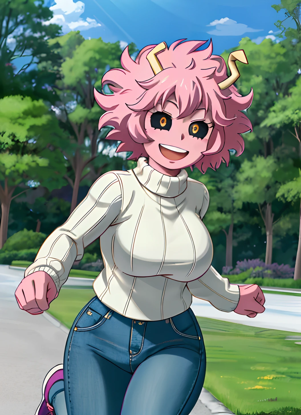 [mina ashido], [Boku no hero academia], ((masterpiece)), ((solo portrait)), ((front view)), ((cute)), ((High definition)), ((anime)), ((Kohei Horikoshi)), ((beautiful render art)), ((detailed shading)), ((cel shading)), ((intricate details)), {mina ashido; (pink skin), (curly yellow horns), long eyelashes, cute black eyes, (yellow pupils), curly pink hair, short eyelashes, large boobs, (beautiful slightly muscular legs), (excited smile), (white teeth), (blushing)}, {(white turtleneck sweater), (tight blue jeans), (purple sneakers)}, {(running), (looking at viewer)}, [Background; (park), (grass), (trees), (pond), (blue sky), (sun rays)]