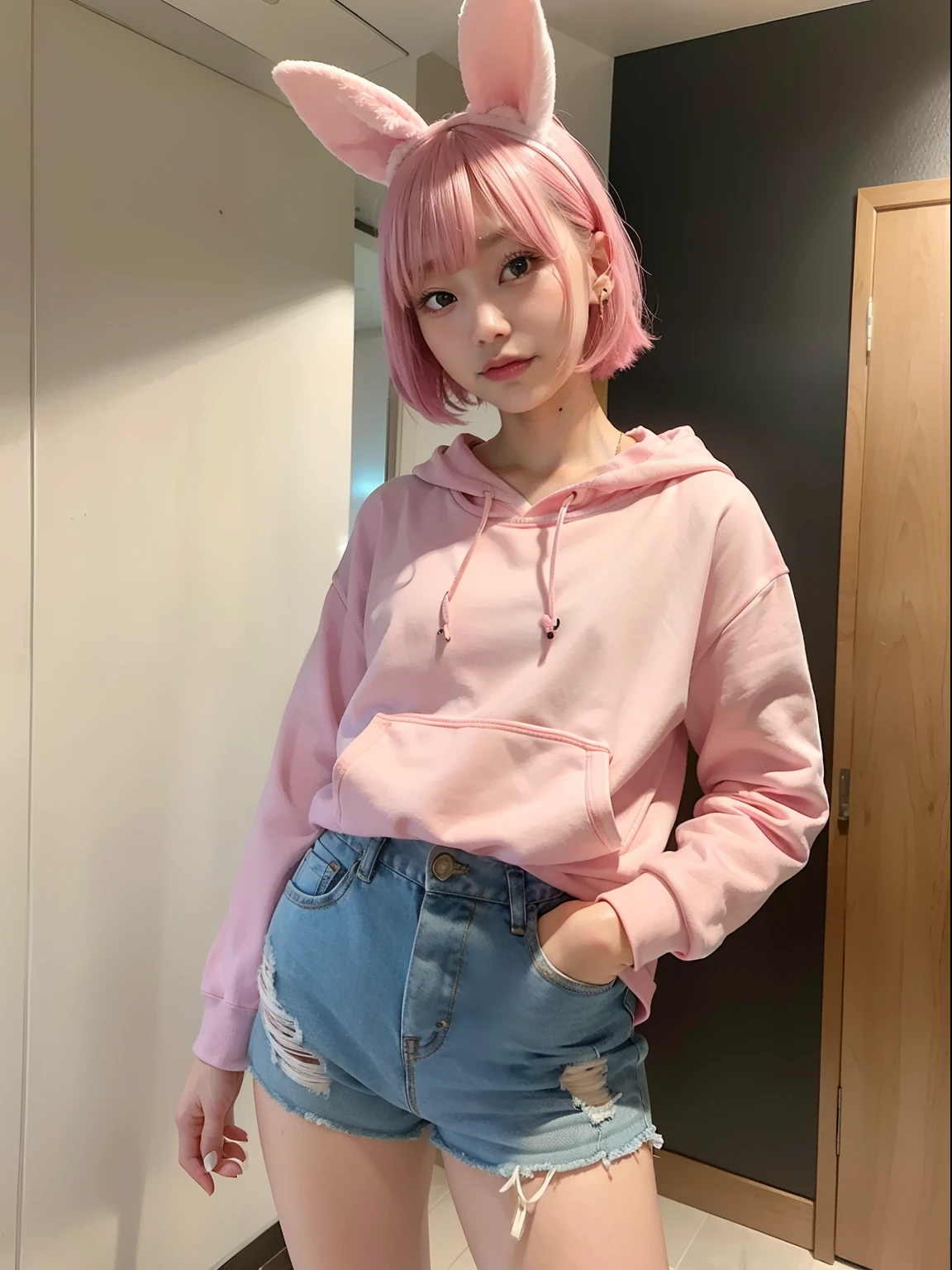 Pink hair、pink hoodie、Short pants made of jeans fabric、(8K, top-quality, masterpiece:1.2), (realisitic, Photorealsitic:1.37), ultra-detailliert,, full body Esbian, (shortpants: 1.2)、(pink hoodie:1.2)、Alpha Layer、独奏、Beautiful detailed sky、(A smile:1.15)、(Mouth closed)、tiny chest、Eyes in Beautiful Details、(short-hair:1.2)、Floating Hair NovaFrogStyle、Hotel Bed、masuter piece、Pink Shortcut Bob、Realistic rabbit ears、Pink realistic rabbit ears、Realistic ears of rabbits sticking out of the head、Pink hair、Beautiful girl in her 20s、Bewitching atmosphere、Beautiful shaped hands、K-POP、Pink rabbit ears、1 girl in、独奏、masterpiece、top-quality、realisitic、Hyper-detailing、(Glossy skin:1.4)、absurderes、short pink hair、Slender beauties、动态照明、hight resolution、foco nítido、depth of fields、(thick thight:1.0)、A slender :1.2,((Short-cut bob hair))、((k pop:1.3)),Highly detailed facial and skin texture、((魅惑的)),Anatomically correct number of fingers,Correct anatomy