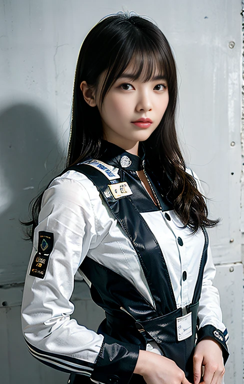 Highest image quality, outstanding details, ultra-high resolution, (realism: 1.4), the best illustration, favor details, highly condensed 1girl, with a delicate and beautiful face, ((cowboy shot)), (wearing racing suit likes police uniform, black and gray mecha, military harness, holding a machinegun), background grey wall,