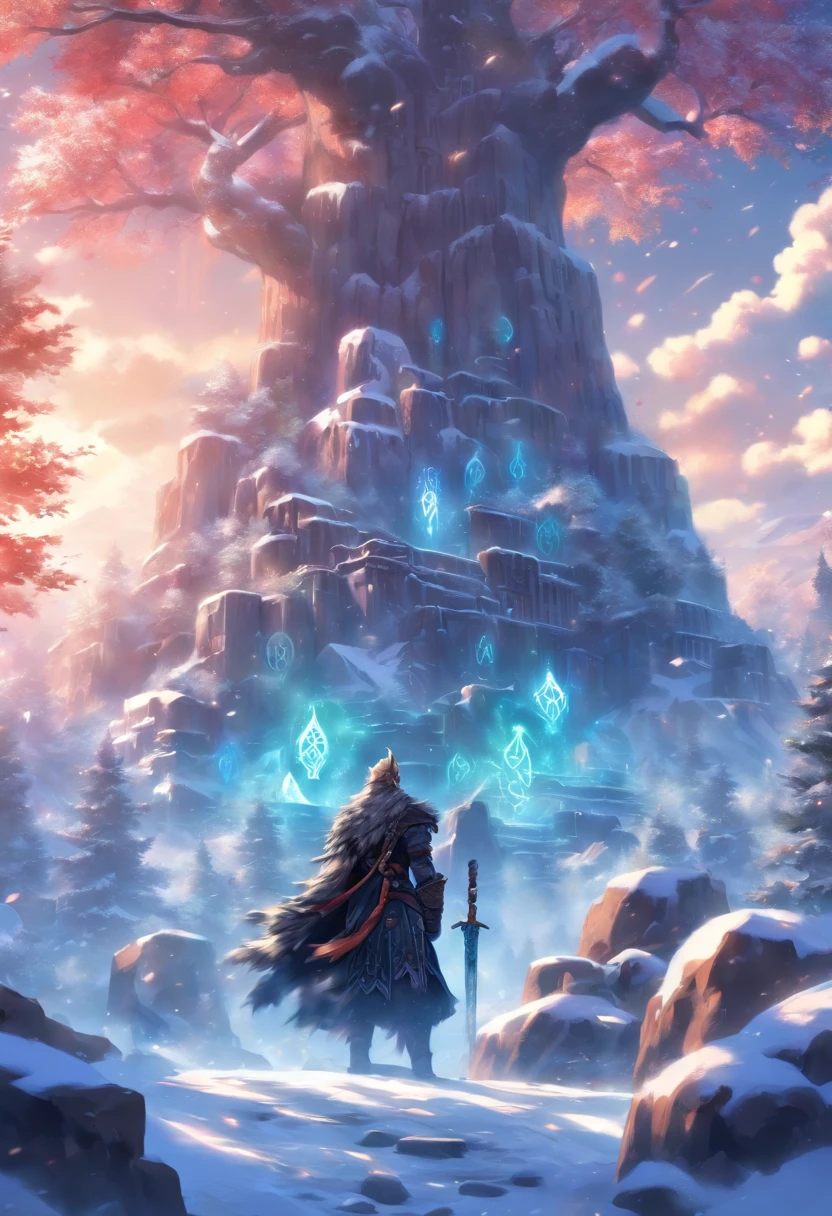 the best quality, very high resolution, detailed 4K CG, master piece, Baldur, Norse god, handsome man, rune tattoos, snow, tall trees, blue sky, Norse mythology, rune tattoo, beautiful aesthetics, Beautiful image, Beautiful ancient ruins at the rear