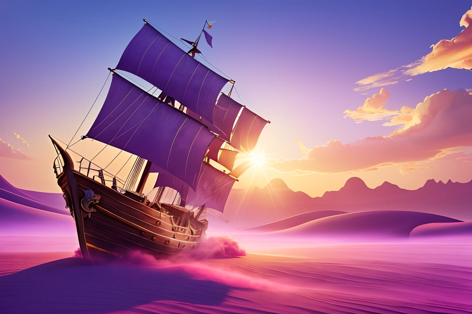 Digital painting of a magical pirates ship floating on a purple mist cloud, over a desert, vibrant colors, 3D pixar render, delicate details, strong sun rays