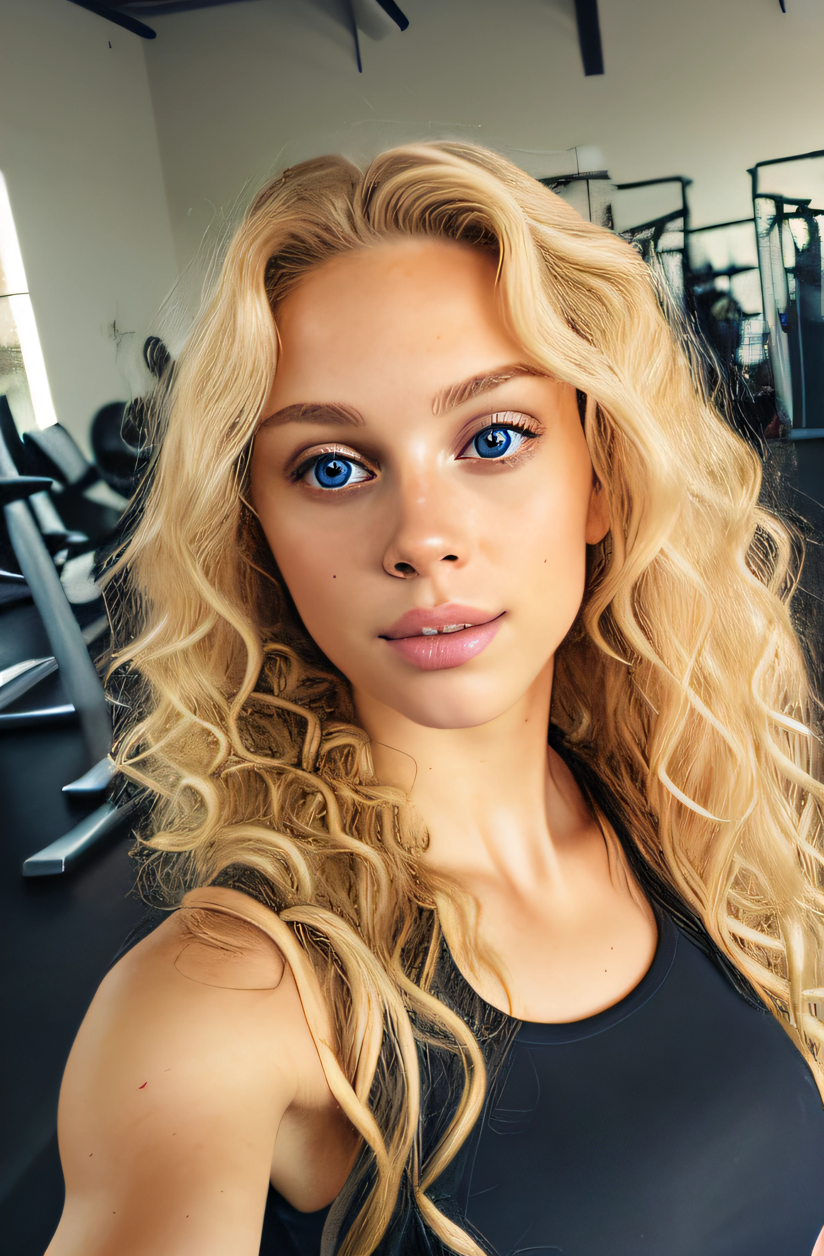 selfie of a beautiful blond girl, curly blonde long hair, curly, long hair, young, blonde, beautiful, at a gym