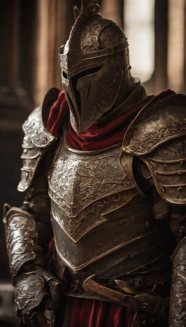 (Best quality,4K,8K,A high resolution,Masterpiece:1.2),Ultra-detailed,(Realistic,Photorealistic,photo-realistic:1.37),A sword-wielding demon armor warrior stood in the hall, Full body portrait of the mysterious knight, Wearing heavy armor,A sacred warrior wielding a legendary sword, Mythical warriors in full-body armor, A golden knight with divine armor, The helmet is decorated with the devil's horns, The eyes glow blood-red, Concept art for glorious figures, Crimson Armor Knight, Epic Paladin armor, Holy medieval knight, Kneel on one knee, Blades embedded in the earth, submission, Full body shot.