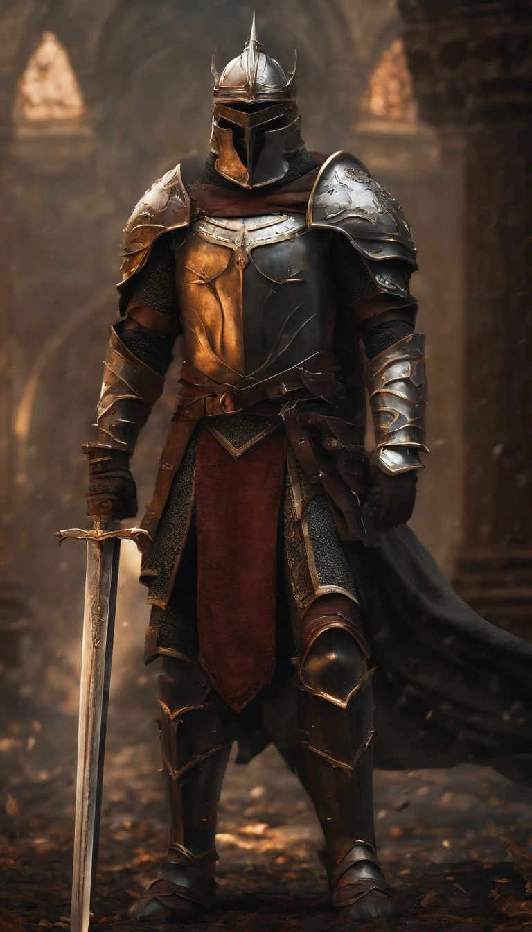 (Best quality,4K,8K,A high resolution,Masterpiece:1.2),Ultra-detailed,(Realistic,Photorealistic,photo-realistic:1.37),A sword-wielding demon armor warrior stood in the hall, Full body portrait of the mysterious knight, Wearing heavy armor，A sacred warrior wielding a legendary sword, Mythical warriors in full-body armor, A golden knight with divine armor, The helmet is decorated with the devil's horns, The eyes glow blood-red, Concept art for glorious figures, Crimson Armor Knight, Epic Paladin armor, Holy medieval knight, Kneel on one knee, Blades embedded in the earth, submission, Full body shot.