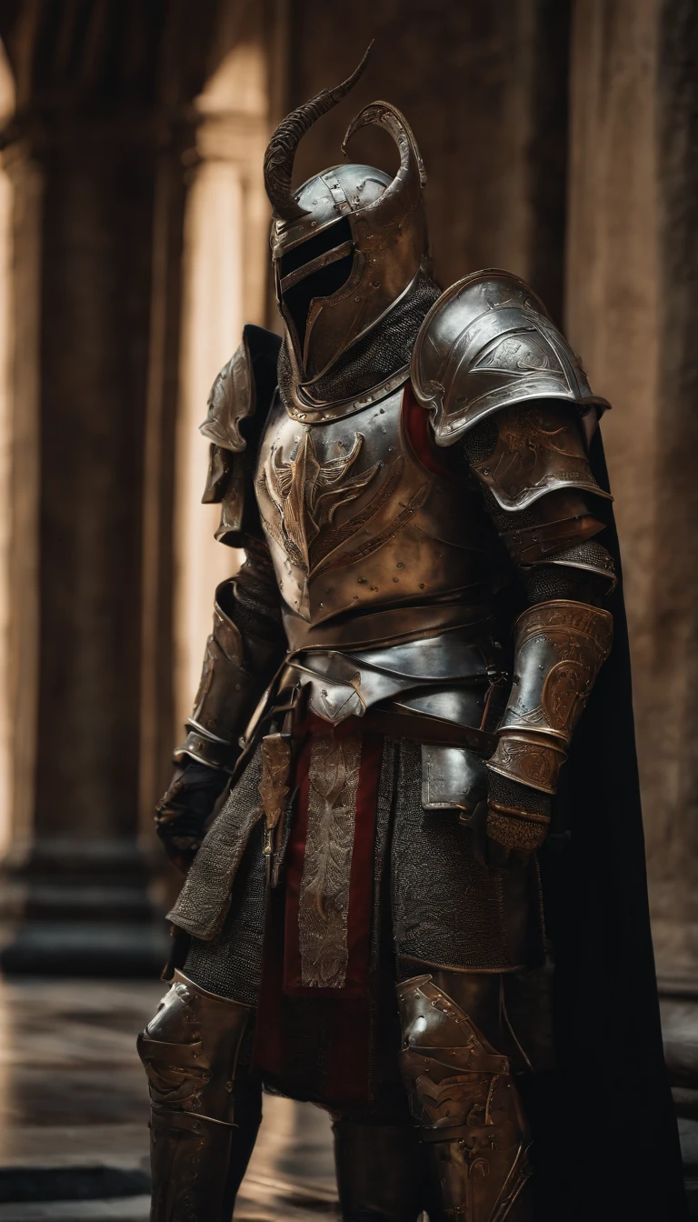(Best quality,4K,8K,A high resolution,Masterpiece:1.2),Ultra-detailed,(Realistic,Photorealistic,photo-realistic:1.37),A sword-wielding demon armor warrior stood in the hall, Full body portrait of the mysterious knight, Wearing heavy armor,A sacred warrior wielding a legendary sword, Mythical warriors in full-body armor, A golden knight with divine armor, The helmet is decorated with the devil's horns, The eyes glow blood-red, Concept art for glorious figures, Crimson Armor Knight, Epic Paladin armor, Holy medieval knight, Kneel on one knee, Blades embedded in the earth, submission, Full body shot.