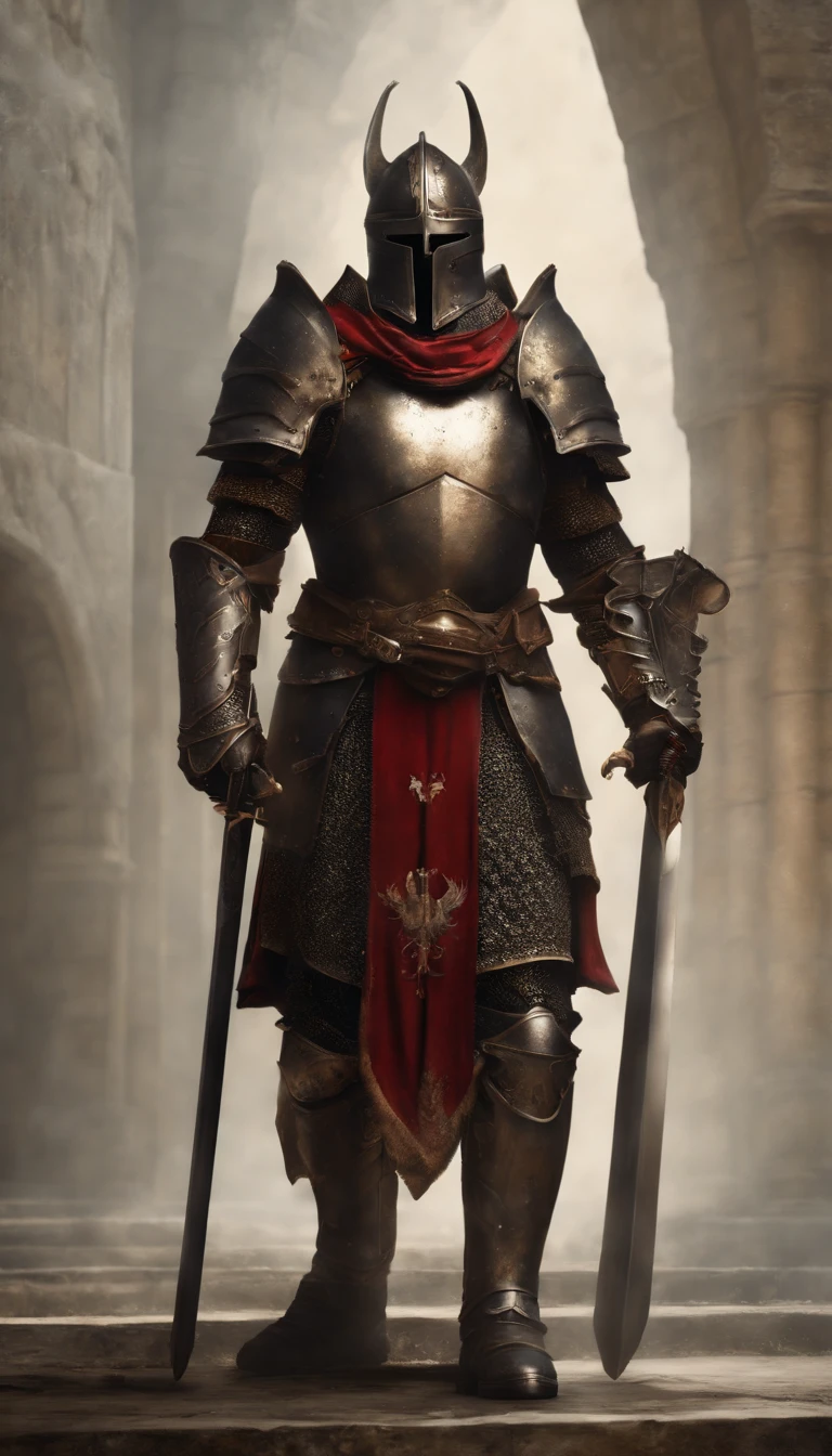 (Best quality,4K,8K,A high resolution,Masterpiece:1.2),Ultra-detailed,(Realistic,Photorealistic,photo-realistic:1.37),A sword-wielding demon armor warrior stood in the hall, Full body portrait of the mysterious knight, Wearing heavy armor,A sacred warrior wielding a legendary sword, Mythical warriors in full-body armor, A golden knight with divine armor, The helmet is decorated with the devil's horns, The eyes glow blood-red, Concept art for glorious figures, Crimson Armor Knight, Epic Paladin armor, Holy medieval knight, Kneel on one knee, Blades embedded in the earth, submission, Full body shot.