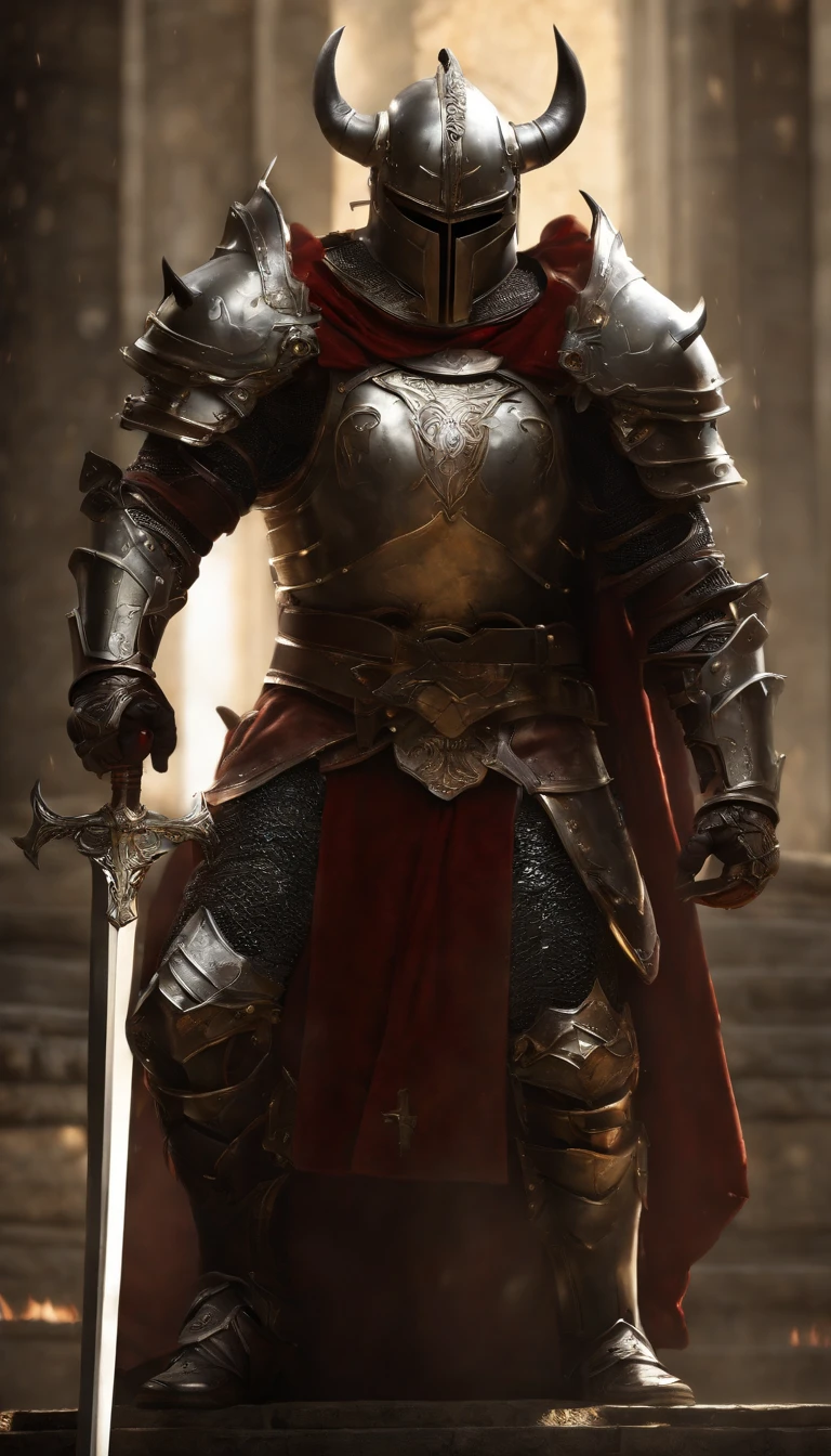 (Best quality,4K,8K,A high resolution,Masterpiece:1.2),Ultra-detailed,(Realistic,Photorealistic,photo-realistic:1.37),A sword-wielding demon armor warrior stood in the hall, Full body portrait of the mysterious knight, Wearing heavy armor,A sacred warrior wielding a legendary sword, Mythical warriors in full-body armor, A golden knight with divine armor, The helmet is decorated with the devil's horns, The eyes glow blood-red, Concept art for glorious figures, Crimson Armor Knight, Epic Paladin armor, Holy medieval knight, Kneel on one knee, Blades embedded in the earth, submission, Full body shot.