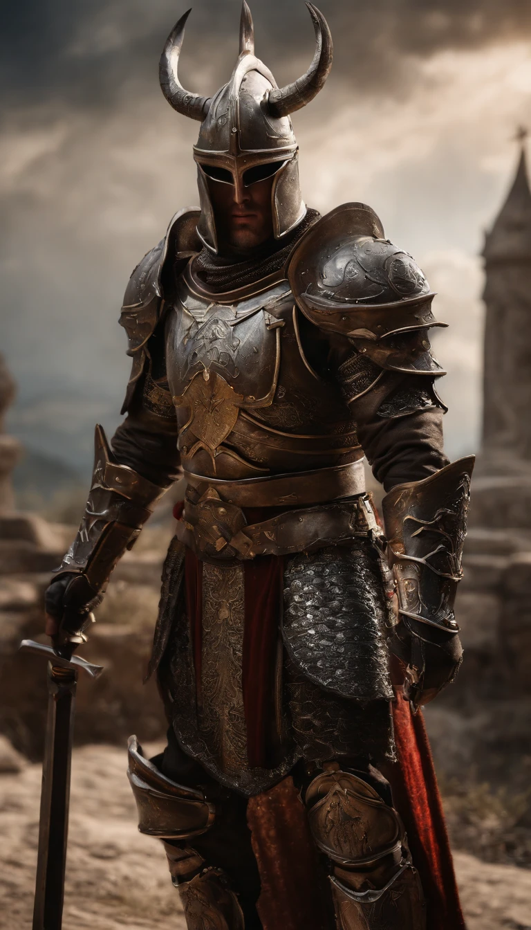 (Best quality,4K,8K,A high resolution,Masterpiece:1.2),Ultra-detailed,(Realistic,Photorealistic,photo-realistic:1.37),A sword-wielding demon armor warrior stood in the hall, Full body portrait of the mysterious knight, Wearing heavy armor，A sacred warrior wielding a legendary sword, Mythical warriors in full-body armor, A golden knight with divine armor, The helmet is decorated with the devil's horns, The eyes glow blood-red, Concept art for glorious figures, Crimson Armor Knight, Epic Paladin armor, Holy medieval knight, Kneel on one knee, Blades embedded in the earth, submission, Full body shot.