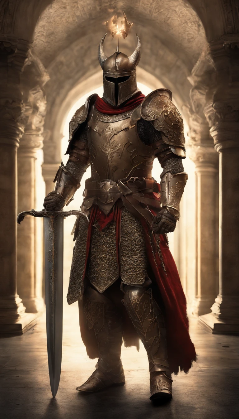 (Best quality,4K,8K,A high resolution,Masterpiece:1.2),Ultra-detailed,(Realistic,Photorealistic,photo-realistic:1.37),A sword-wielding demon armor warrior stood in the hall, Full body portrait of the mysterious knight, Wearing heavy armor,A sacred warrior wielding a legendary sword, Mythical warriors in full-body armor, A golden knight with divine armor, The helmet is decorated with the devil's horns, The eyes glow blood-red, Concept art for glorious figures, Crimson Armor Knight, Epic Paladin armor, Holy medieval knight, Kneel on one knee, Blades embedded in the earth, submission, Full body shot.