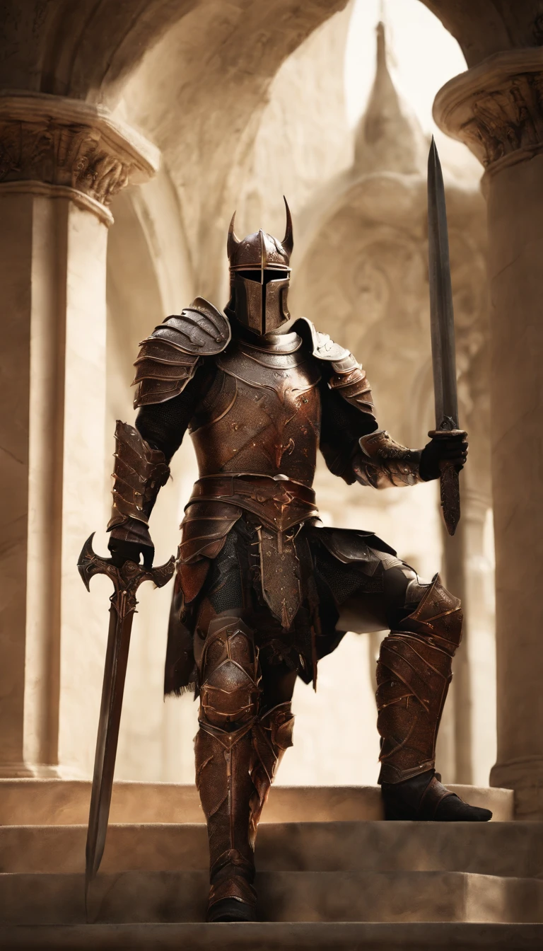 (Best quality,4K,8K,A high resolution,Masterpiece:1.2),Ultra-detailed,(Realistic,Photorealistic,photo-realistic:1.37),A sword-wielding demon armor warrior stood in the hall, Full body portrait of the mysterious knight, Wearing heavy armor，A sacred warrior wielding a legendary sword, Mythical warriors in full-body armor, A golden knight with divine armor, The helmet is decorated with the devil's horns, The eyes glow blood-red, Concept art for glorious figures, Crimson Armor Knight, Epic Paladin armor, Holy medieval knight, Kneel on one knee, Blades embedded in the earth, submission, Full body shot.