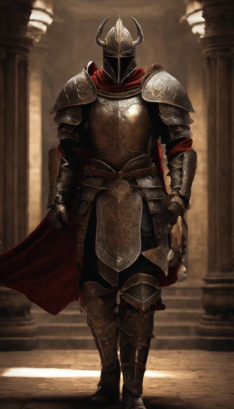 (Best quality,4K,8K,A high resolution,Masterpiece:1.2),Ultra-detailed,(Realistic,Photorealistic,photo-realistic:1.37),A sword-wielding demon armor warrior stood in the hall, Full body portrait of the mysterious knight, Wearing heavy armor，A sacred warrior wielding a legendary sword, Mythical warriors in full-body armor, A golden knight with divine armor, The helmet is decorated with the devil's horns, The eyes glow blood-red, Concept art for glorious figures, Crimson Armor Knight, Epic Paladin armor, Holy medieval knight, Kneel on one knee, Blades embedded in the earth, submission, Full body shot.