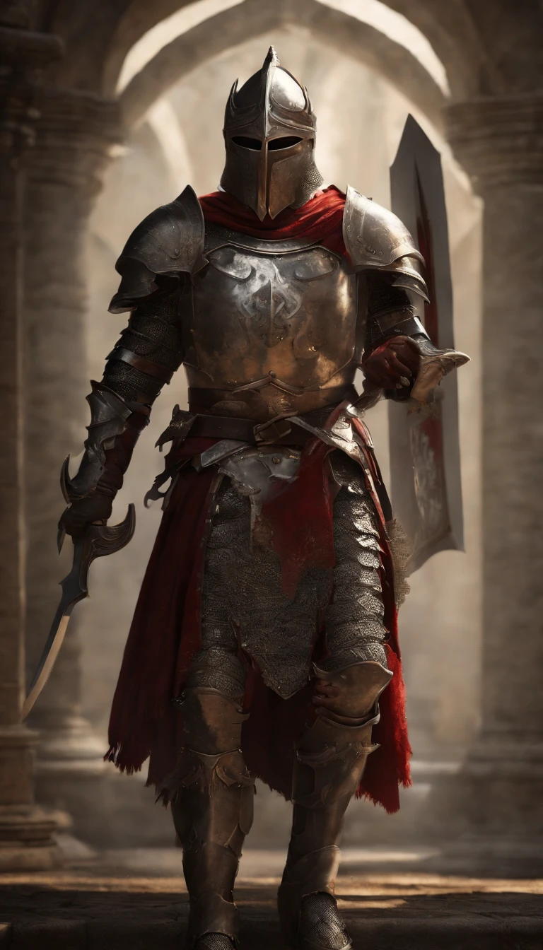 (Best quality,4K,8K,A high resolution,Masterpiece:1.2),Ultra-detailed,(Realistic,Photorealistic,photo-realistic:1.37),A sword-wielding demon armor warrior stood in the hall, Full body portrait of the mysterious knight, Wearing heavy armor，A sacred warrior wielding a legendary sword, Mythical warriors in full-body armor, A golden knight with divine armor, The helmet is decorated with the devil's horns, The eyes glow blood-red, Concept art for glorious figures, Crimson Armor Knight, Epic Paladin armor, Holy medieval knight, Kneel on one knee, Blades embedded in the earth, submission, Full body shot.
