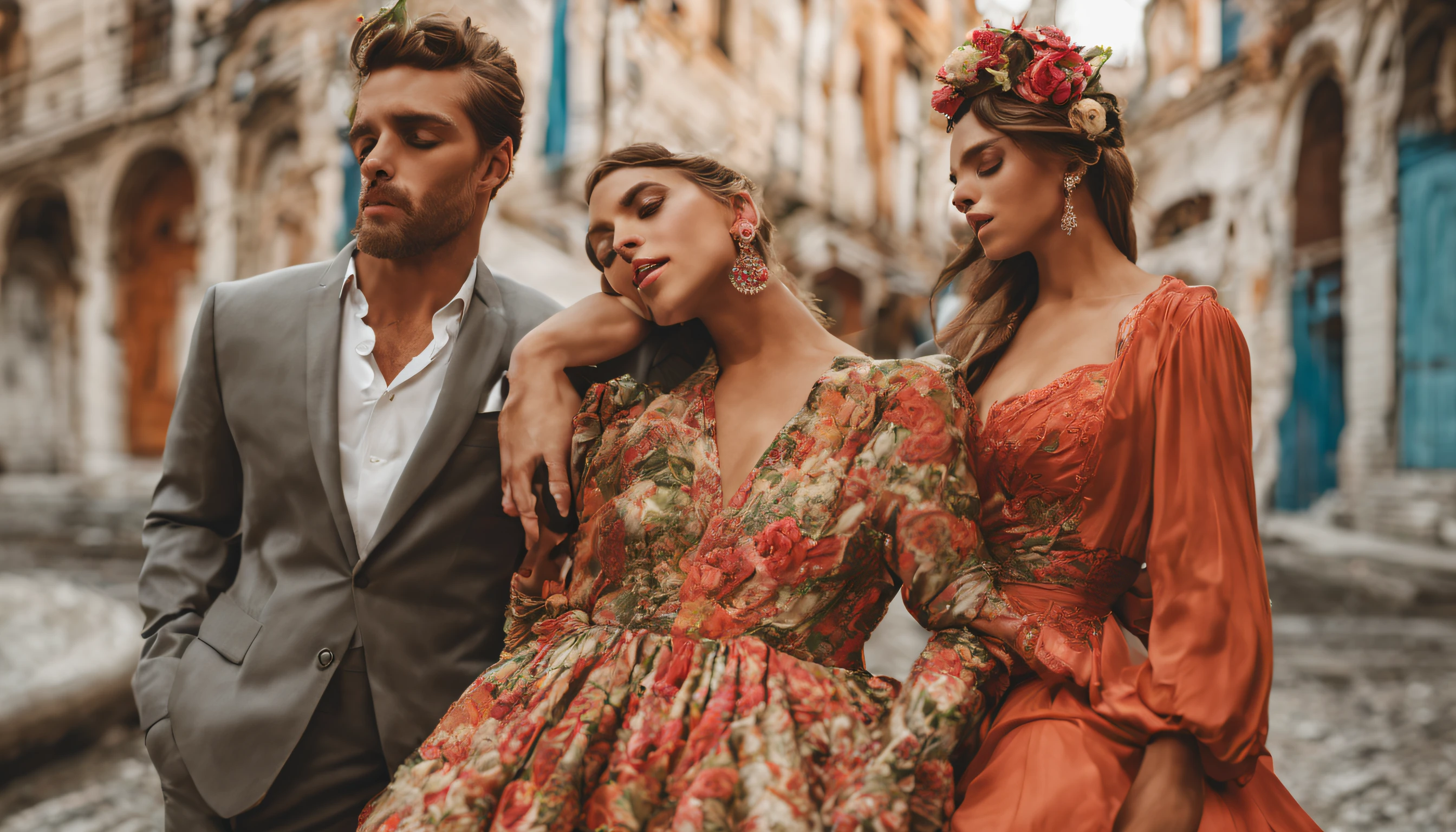 Create a couple with three people, um homem e duas meninas elegantes;