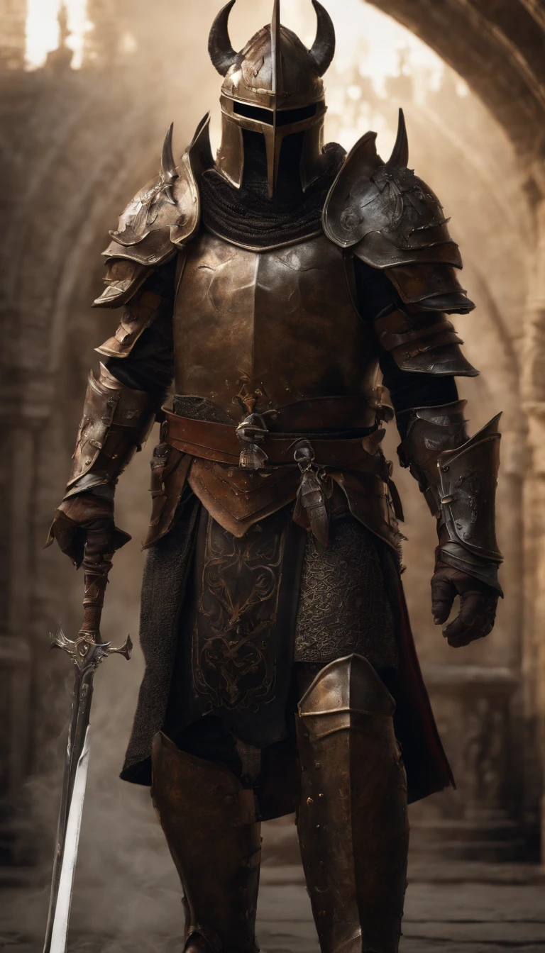 (Best quality,4K,8K,A high resolution,Masterpiece:1.2),Ultra-detailed,(Realistic,Photorealistic,photo-realistic:1.37),A sword-wielding demon armor warrior stood in the hall, Full body portrait of the mysterious knight, Wearing heavy armor,A sacred warrior wielding a legendary sword, Mythical warriors in full-body armor, A golden knight with divine armor, The helmet is decorated with the devil's horns, The eyes glow blood-red, Concept art for glorious figures, Crimson Armor Knight, Epic Paladin armor, Holy medieval knight, Kneel on one knee, Blades embedded in the earth, submission, Full body shot.