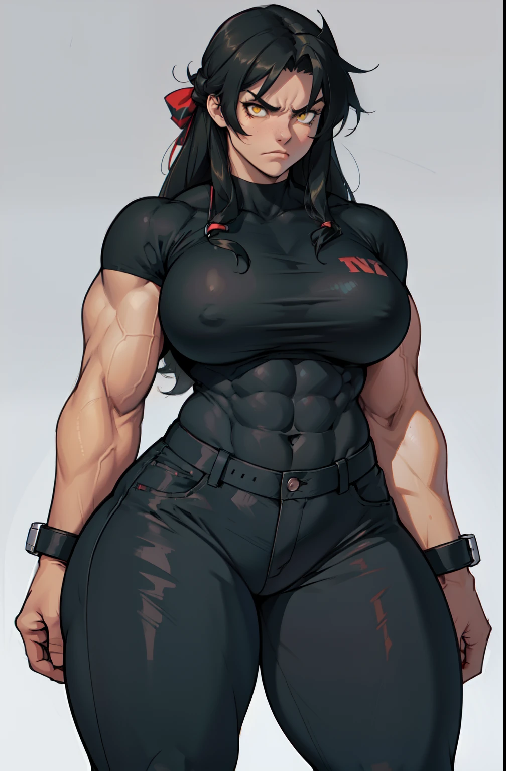 (((((muscular 1 girl))))) (thick thighs huge breasts wide hips curvy toned body) (angry) yellow eyes black hair very long hair pale skin solo tight shirt tight pants, mound