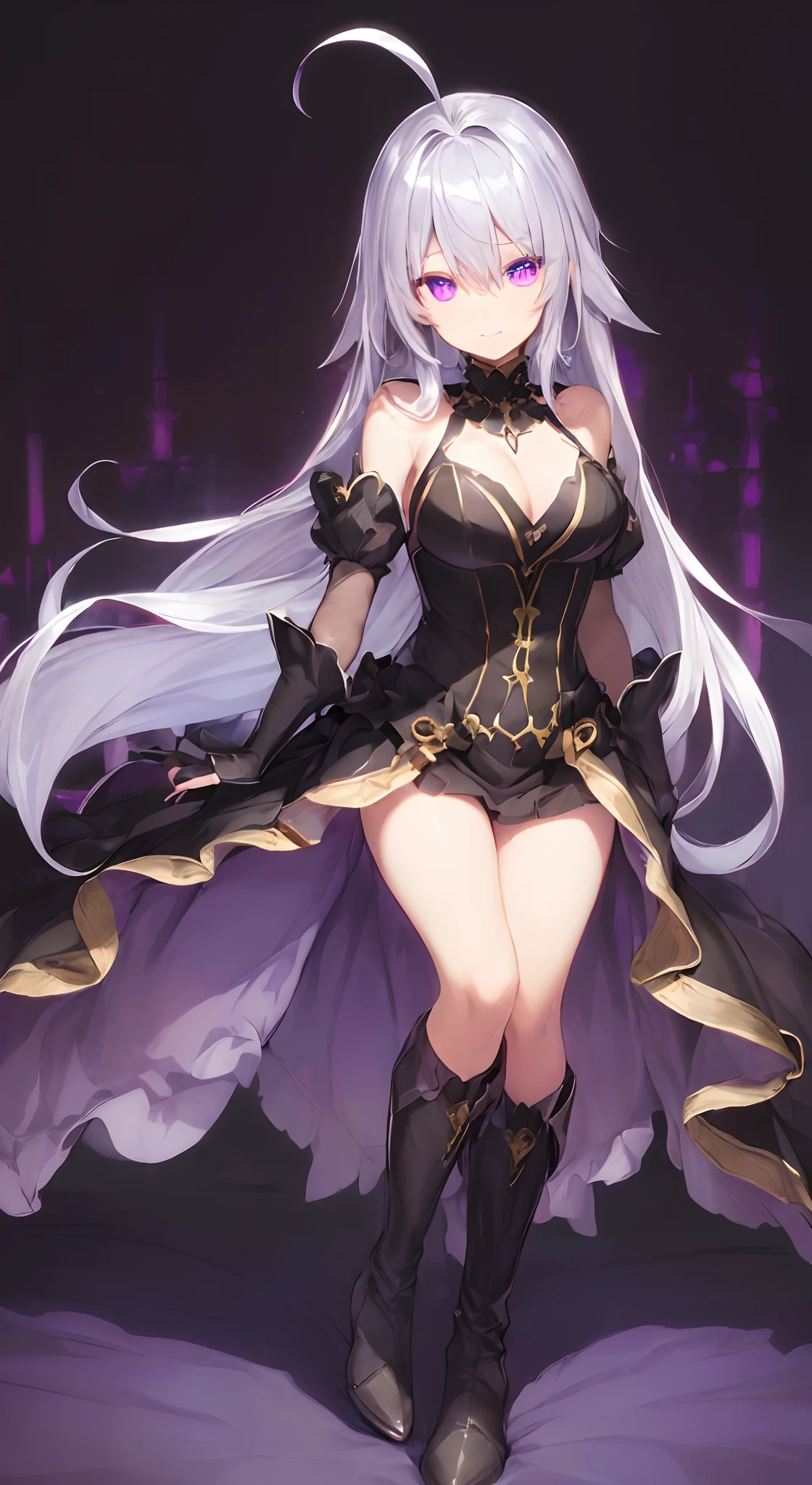 (top-quality:1.5)、(masterpiece:1.5)、(hight resolution:2.0)、Official art、Beauty alone、20yr old、(FULL BODYSHOT)、(silber hair:1.5)、(Super long hair)、curtained hair、shinny hair、Charming smile、(purple glowing eyes:1.3)、(A detailed eye:1.5)、(Ahoge:1.5)、Large breasts、cleavage、(Black Princess Dresses)、Purple ruffles、gold patterns、Strapless、(Cross Accessories)、(Black boots:1.2)、Deities々Right、Standing、Lustrous skin、(golden thing ring:1.2)、beautifull hands